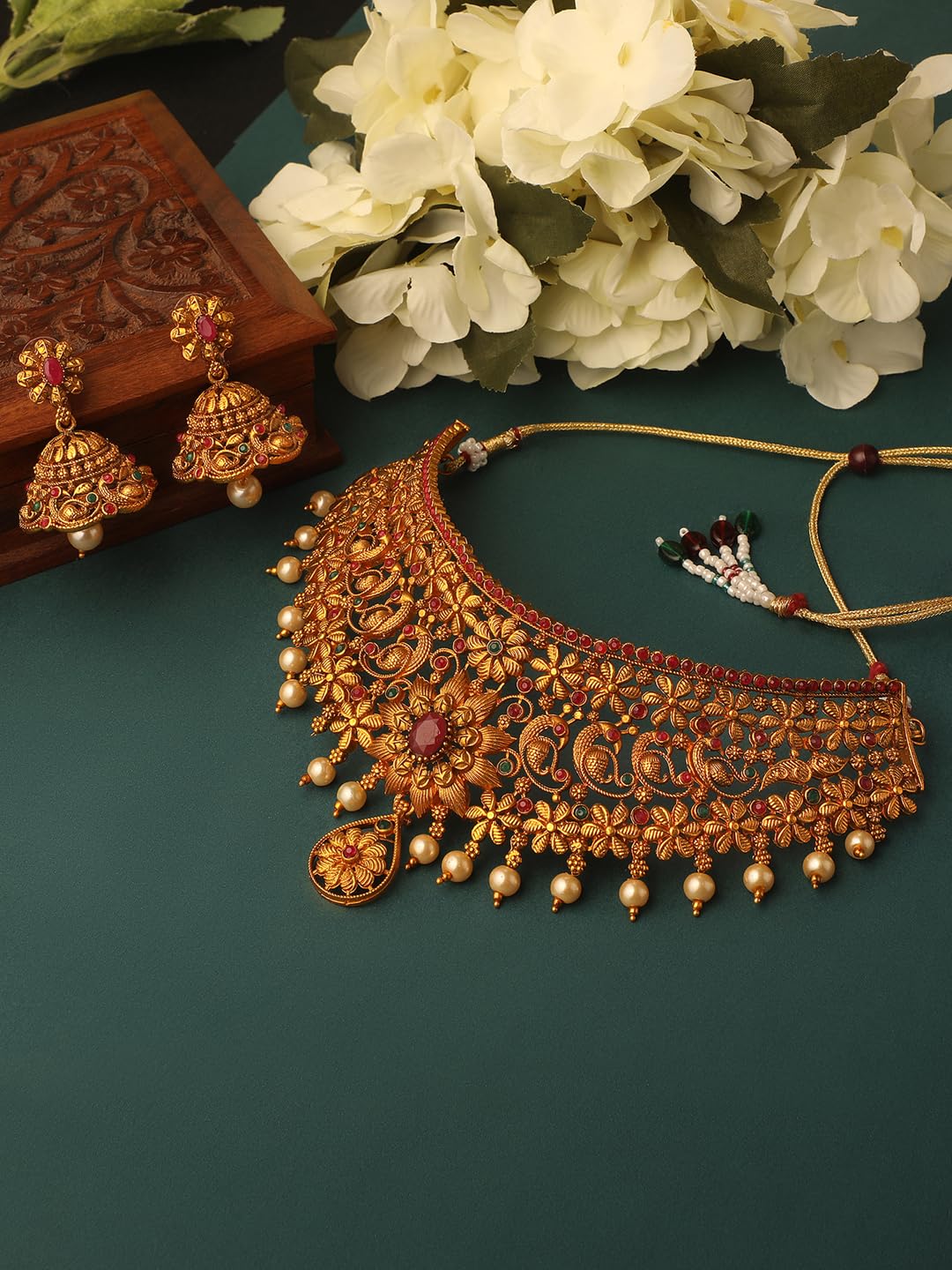 Royal Ethnic | Women's Pearl Choker Temple Necklace Set | 22k Gold Plated | Traditional Festive Wear | Wedding Style - Royal Ethnic