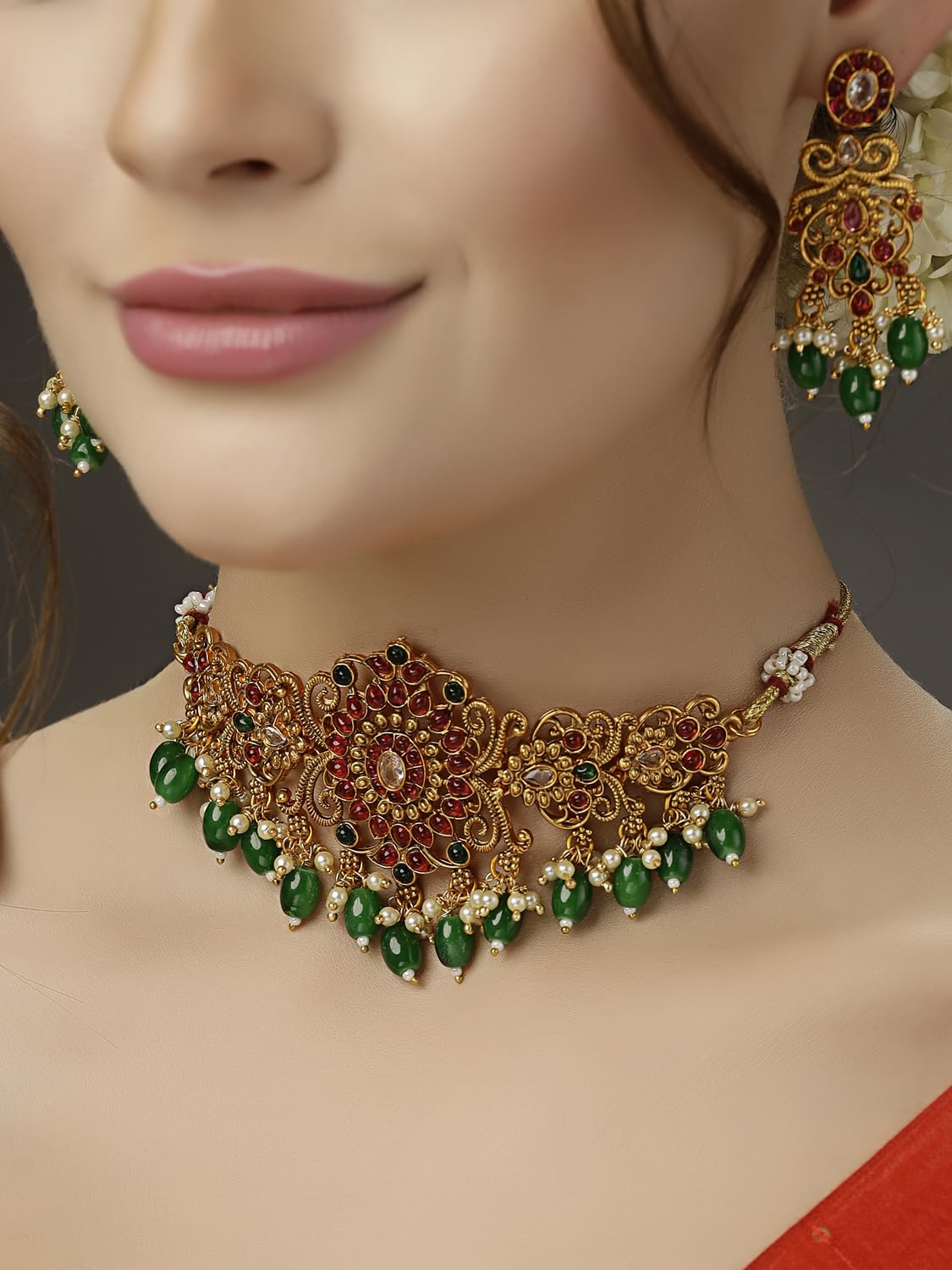 Royal Ethnic | Women's Pearl Choker Temple Necklace Set | 22k Gold Plated | Traditional Festive Wear | Wedding Style - Royal Ethnic