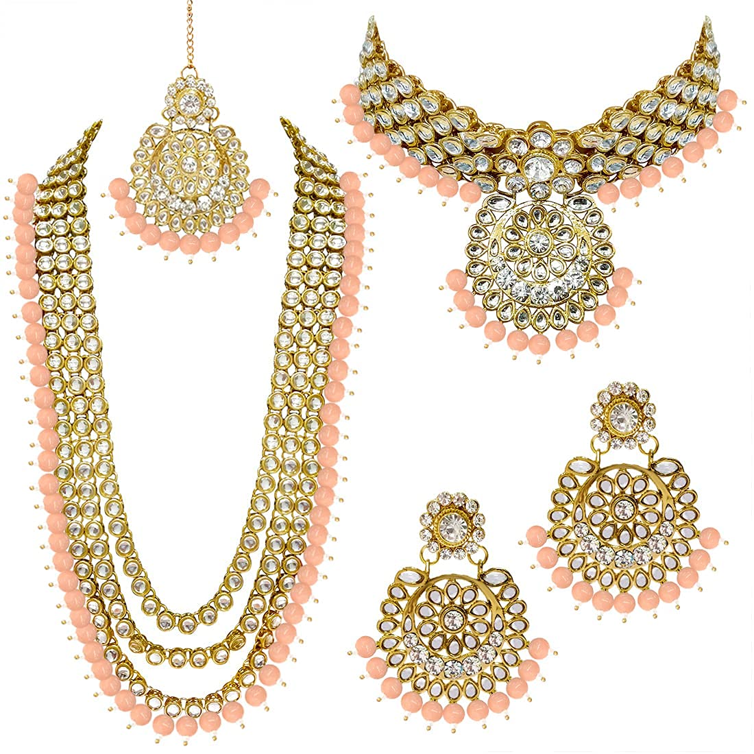 Royal Ethnic Traditional 18K Gold Plated Kundan & Pearl Studded Bridal Choker Necklace Set with Earrings & Maang Tikka - Royal Ethnic
