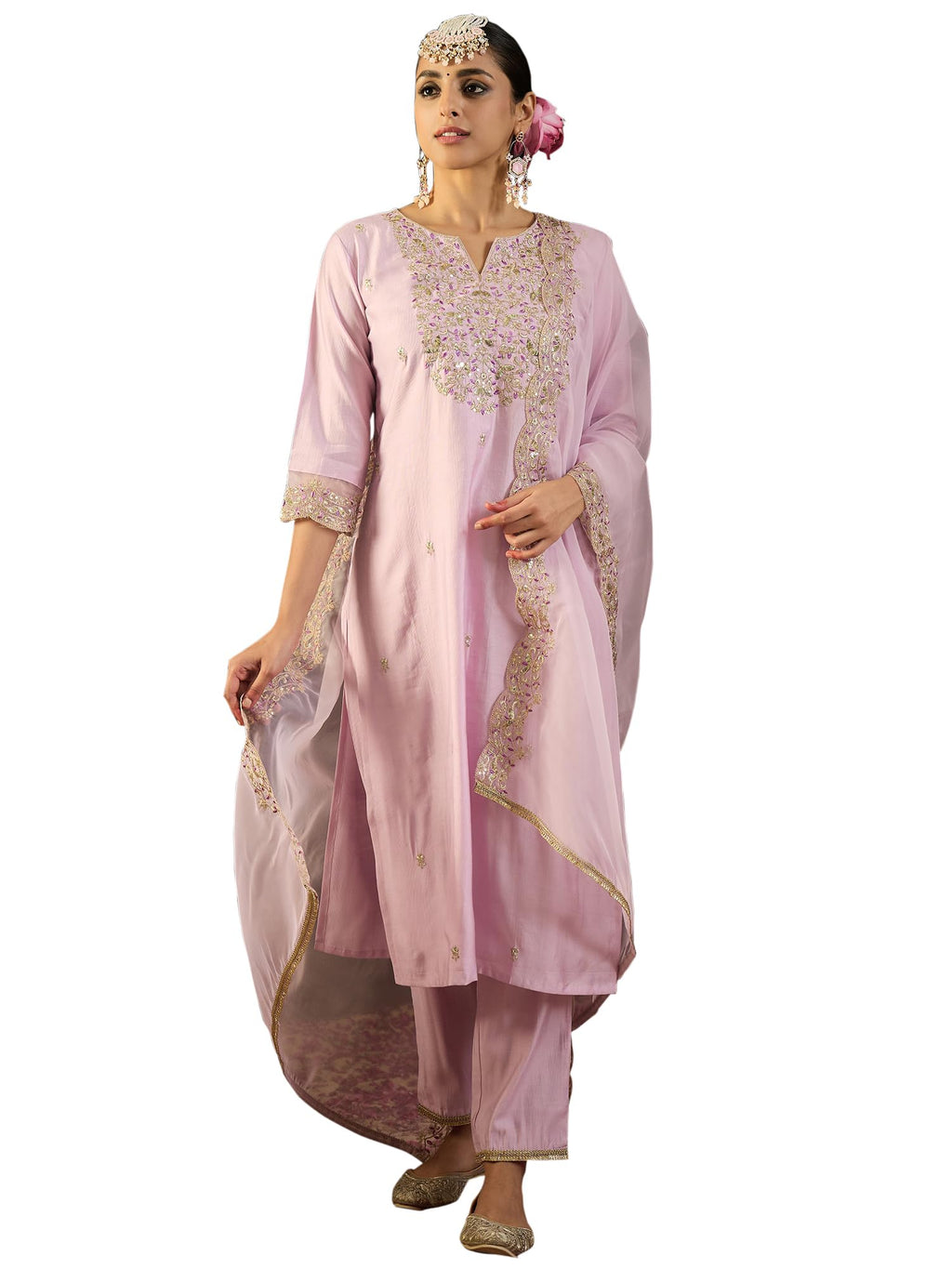 Royal Ethnic | Women's Viscose Embroidered Kurta Pant Dupatta Set | Straight Fit | 3/4 Sleeves | Festive & Elegant Wear