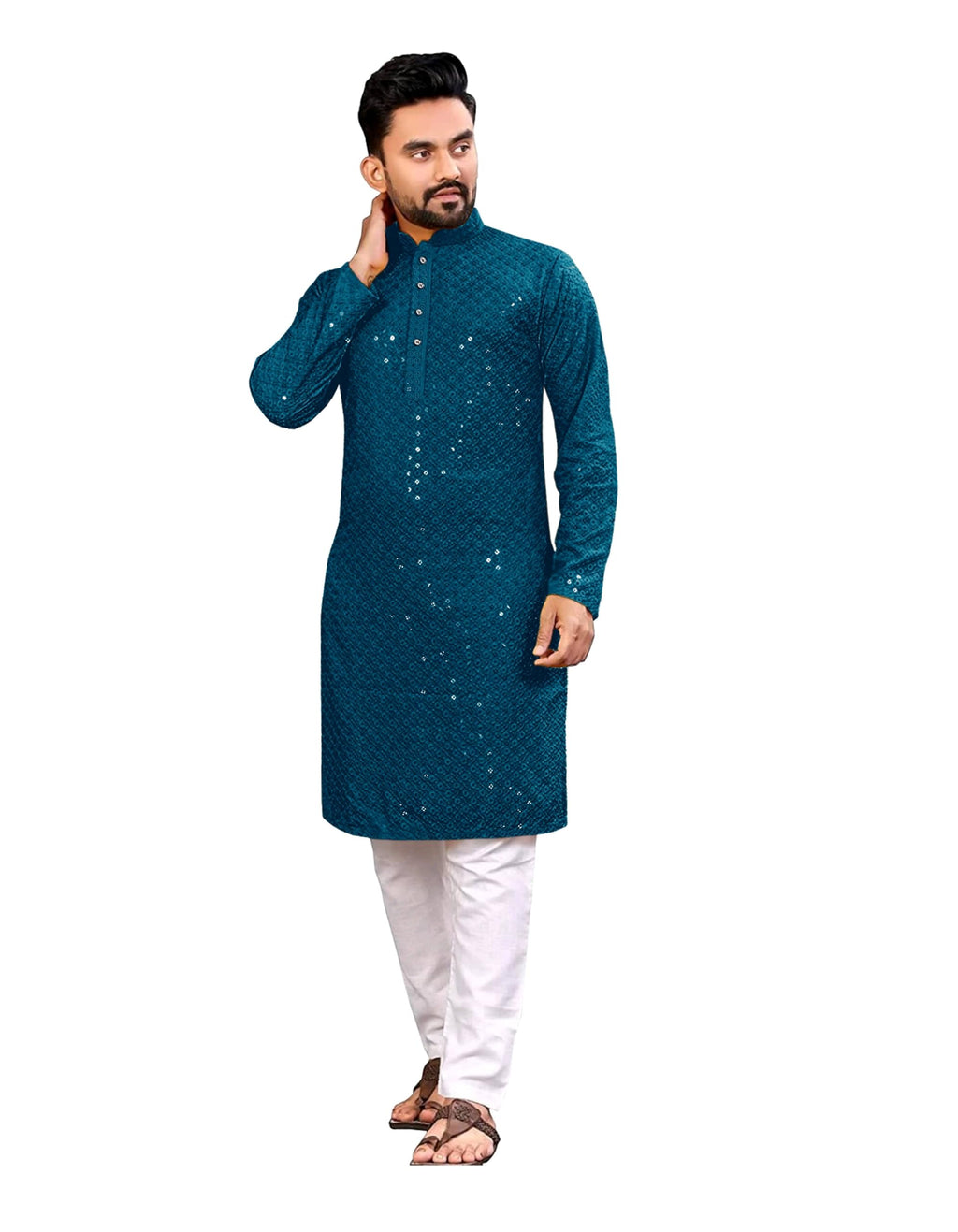 Royal Ethnic | Men's Straight Lucknowi Kurta | Indian Ethnic Wear | Embroidered Cotton | Full Sleeves | Regular Fit - Royal Ethnic