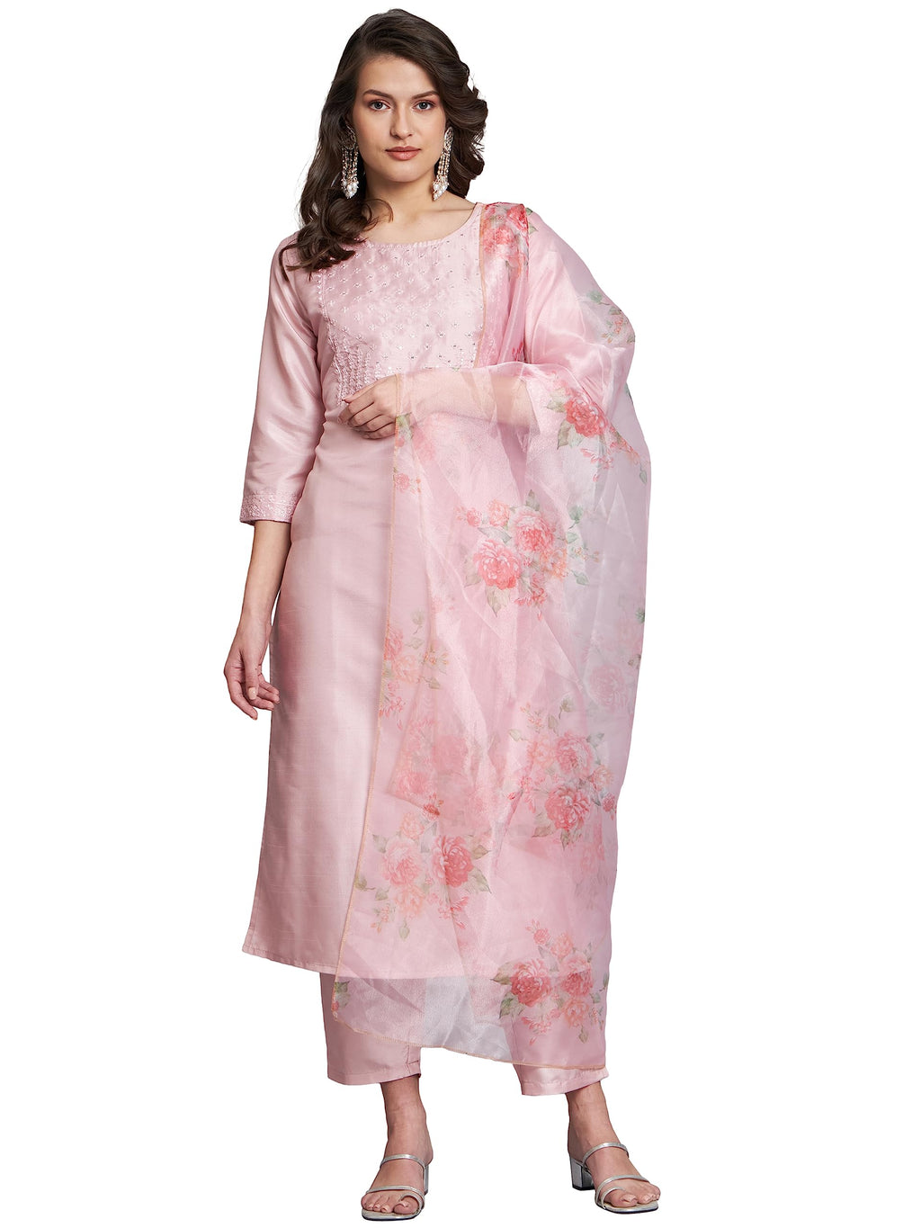 Royal Ethnic Women's Silk Blend Embroidered Straight Kurta Pant Set with Organza Dupatta | Exclusive Elegant Party Wear Suit