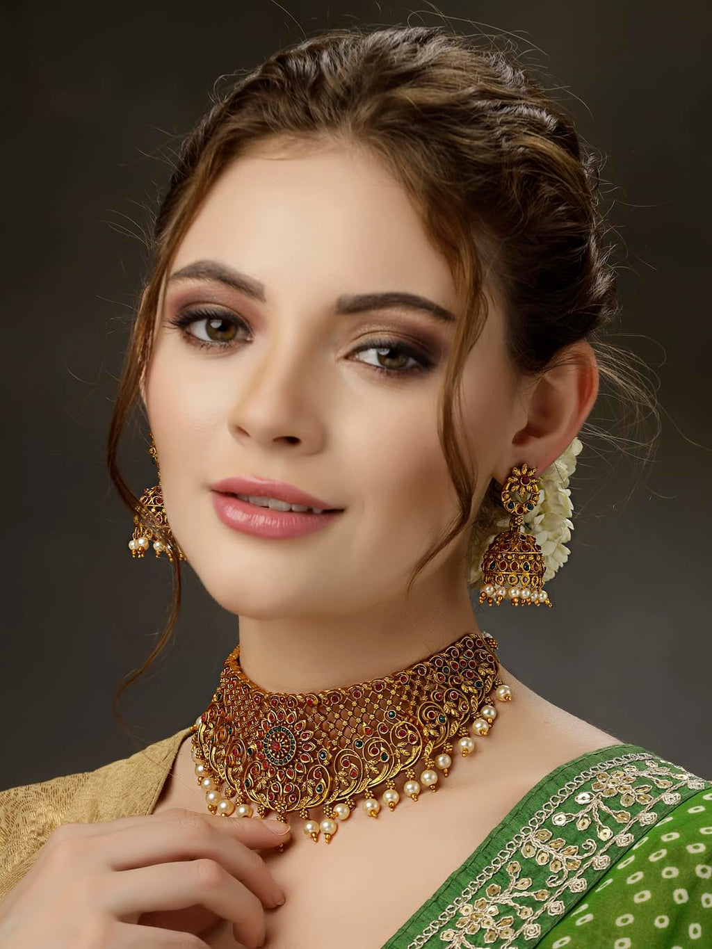 Royal Ethnic | Women's Pearl Choker Temple Necklace Set | 22k Gold Plated | Traditional Festive Wear | Wedding Style - Royal Ethnic