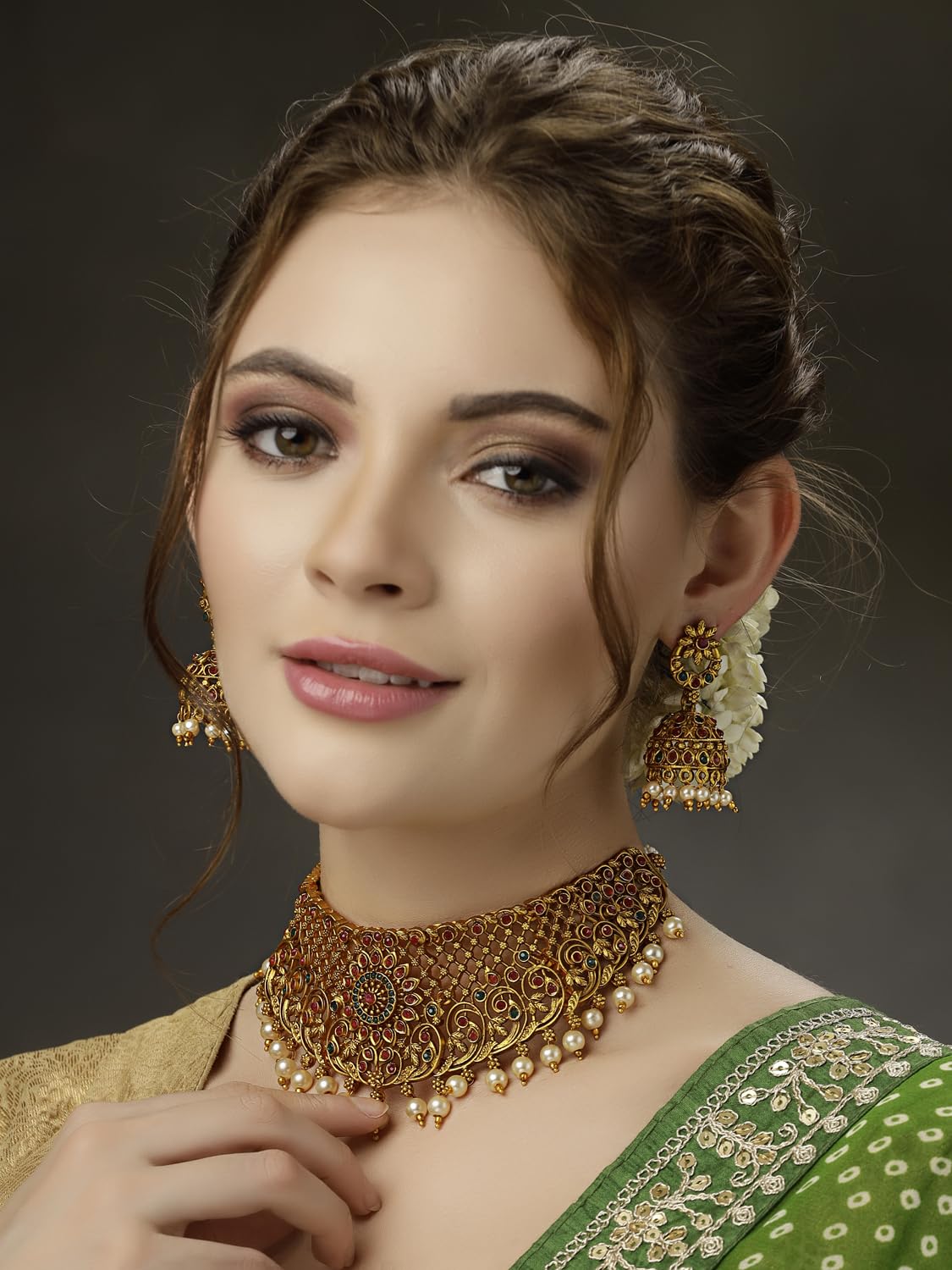 Royal Ethnic | Women's Pearl Choker Temple Necklace Set | 22k Gold Plated | Traditional Festive Wear | Wedding Style - Royal Ethnic