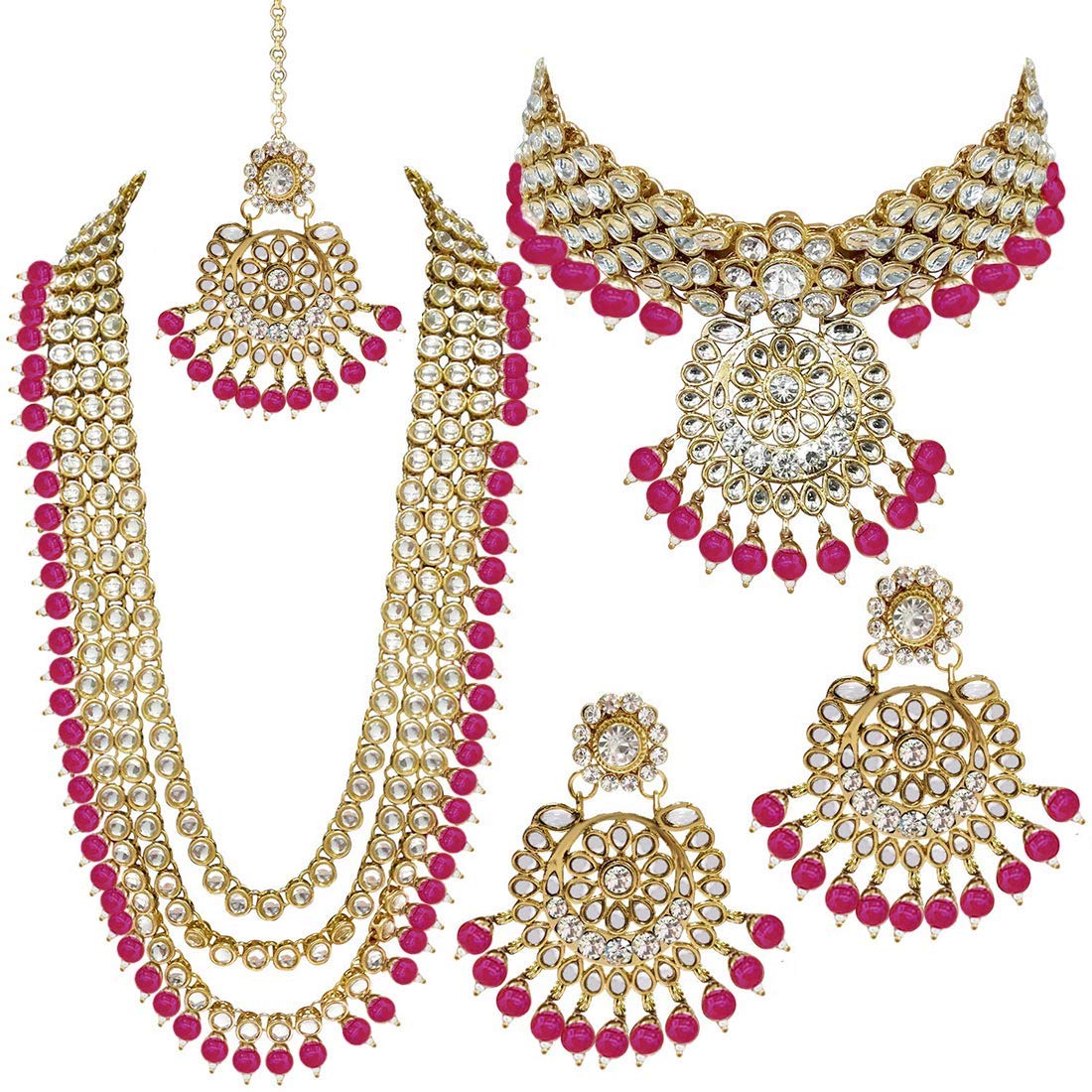 Royal Ethnic Traditional 18K Gold Plated Kundan & Pearl Studded Bridal Choker Necklace Set with Earrings & Maang Tikka - Royal Ethnic