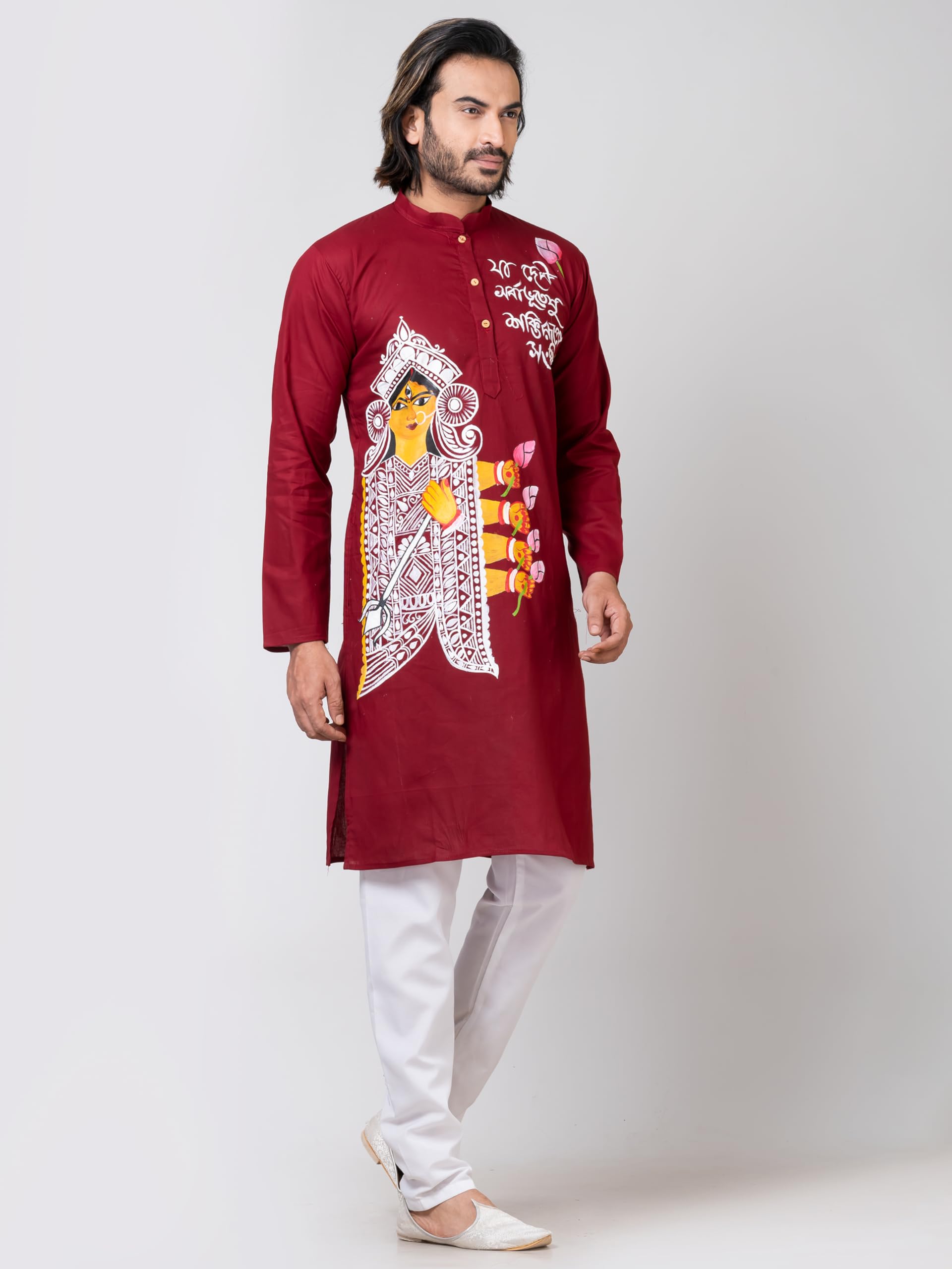 Royal Ethnic | Men's Maroon Cotton Kurta | Dussehra & Durga Puja Special | Full Sleeves | Traditional Fit | Festive Wear - Royal Ethnic