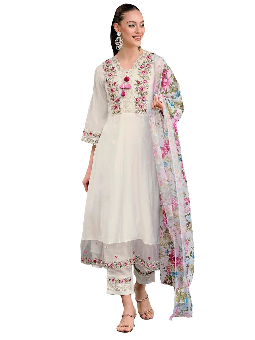 Royal Ethnic Womens Silk Blend Embroidered A Line Kurta Pant with Dupatta Set Stylish Festive Designer Party Wear Outfit