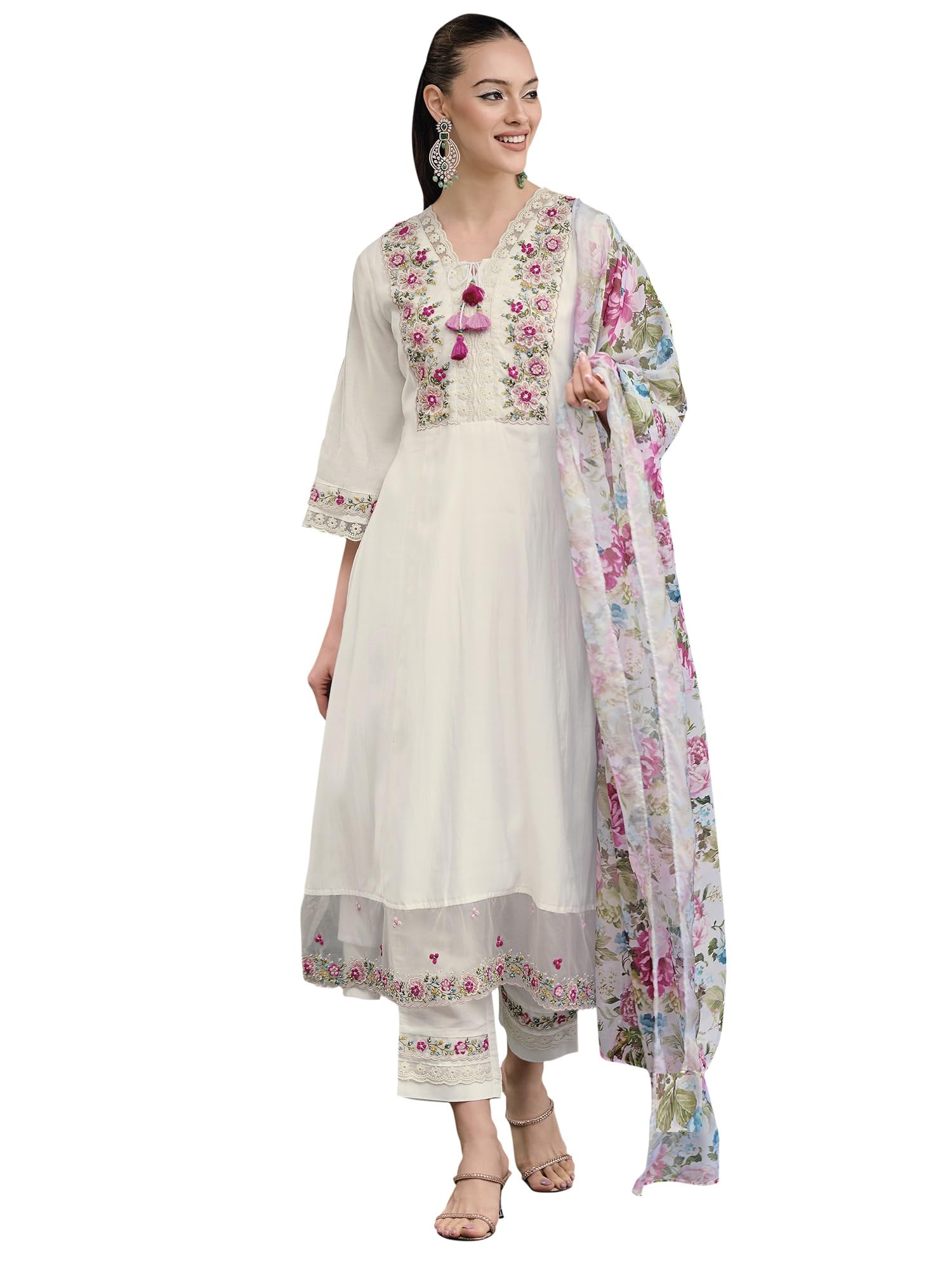 Royal Ethnic Womens Silk Blend Embroidered A Line Kurta Pant with Dupatta Set Stylish Festive Designer Party Wear Outfit