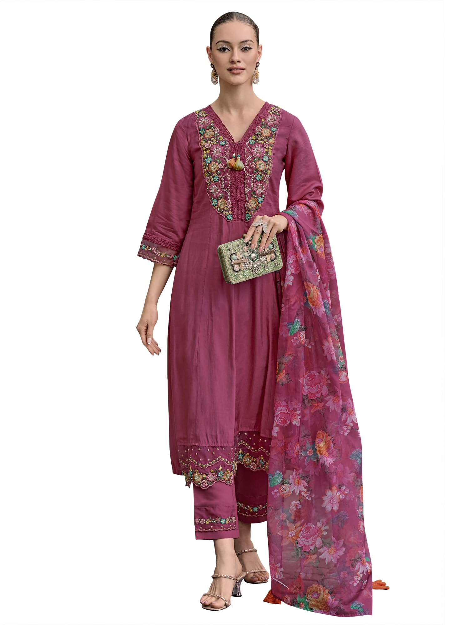 Royal Ethnic Womens Silk Blend Embroidered A Line Kurta Pant with Dupatta Set Stylish Festive Designer Party Wear Outfit