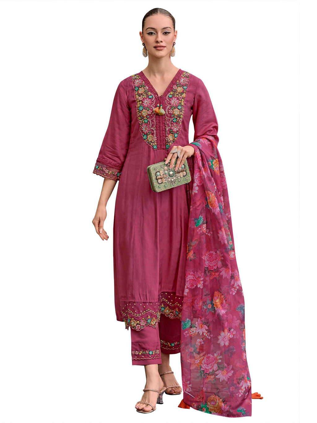 Royal Ethnic Womens Silk Blend Embroidered A Line Kurta Pant with Dupatta Set Stylish Festive Designer Party Wear Outfit