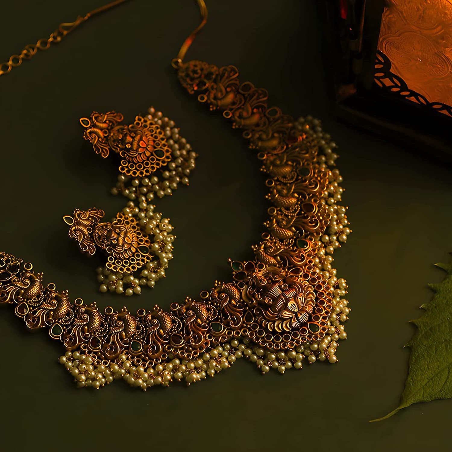 Royal Ethnic | Women's Pearl Choker Temple Necklace Set | 22k Gold Plated | Traditional Festive Wear | Wedding Style - Royal Ethnic