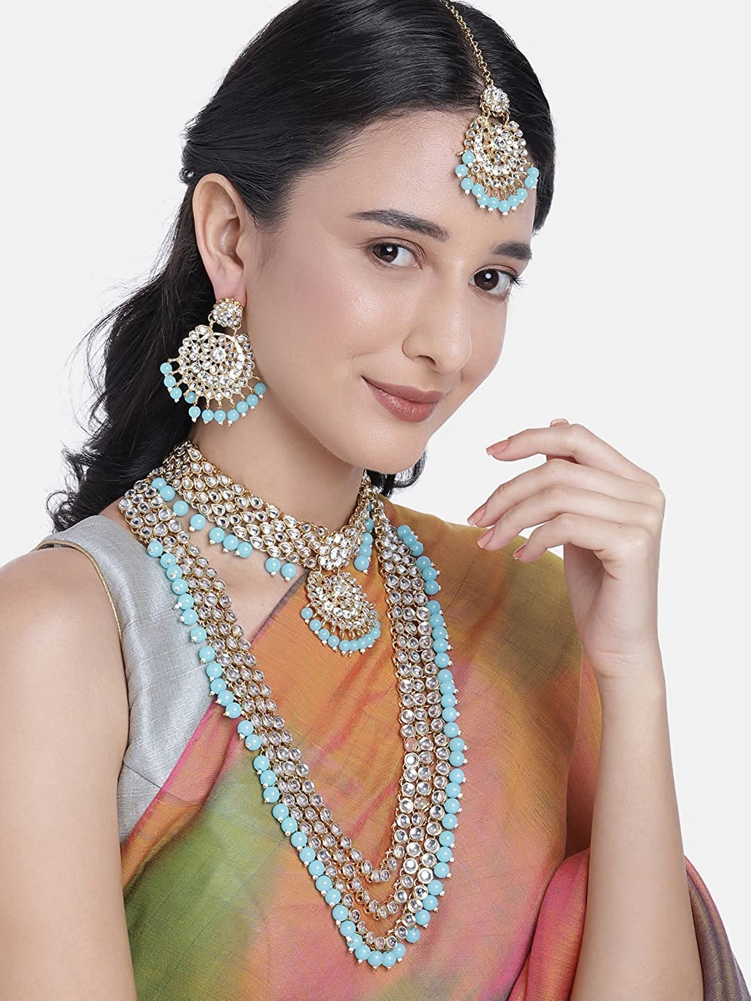 Royal Ethnic Traditional 18K Gold Plated Kundan & Pearl Studded Bridal Choker Necklace Set with Earrings & Maang Tikka - Royal Ethnic