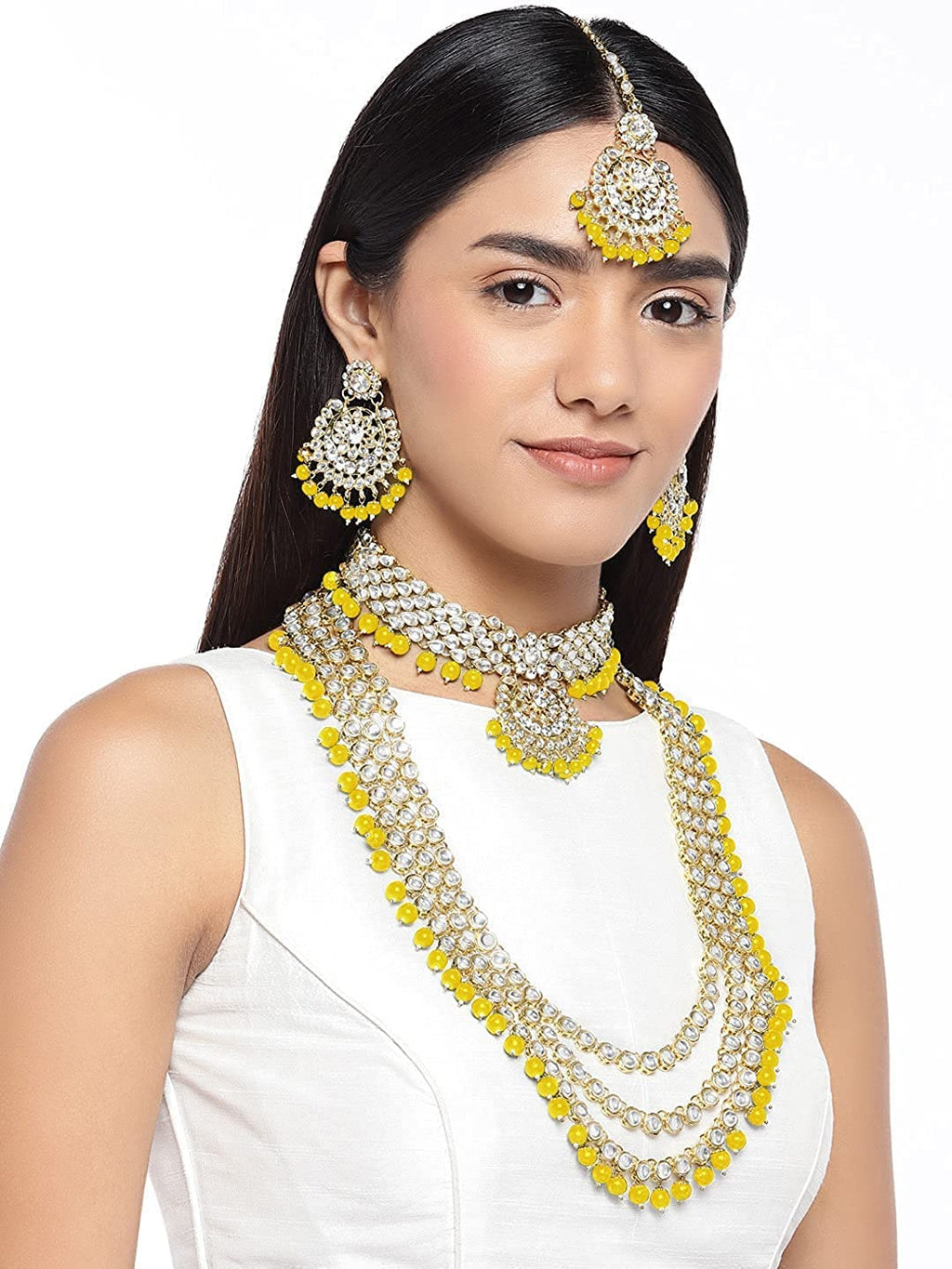 Royal Ethnic Traditional 18K Gold Plated Kundan & Pearl Studded Bridal Choker Necklace Set with Earrings & Maang Tikka - Royal Ethnic