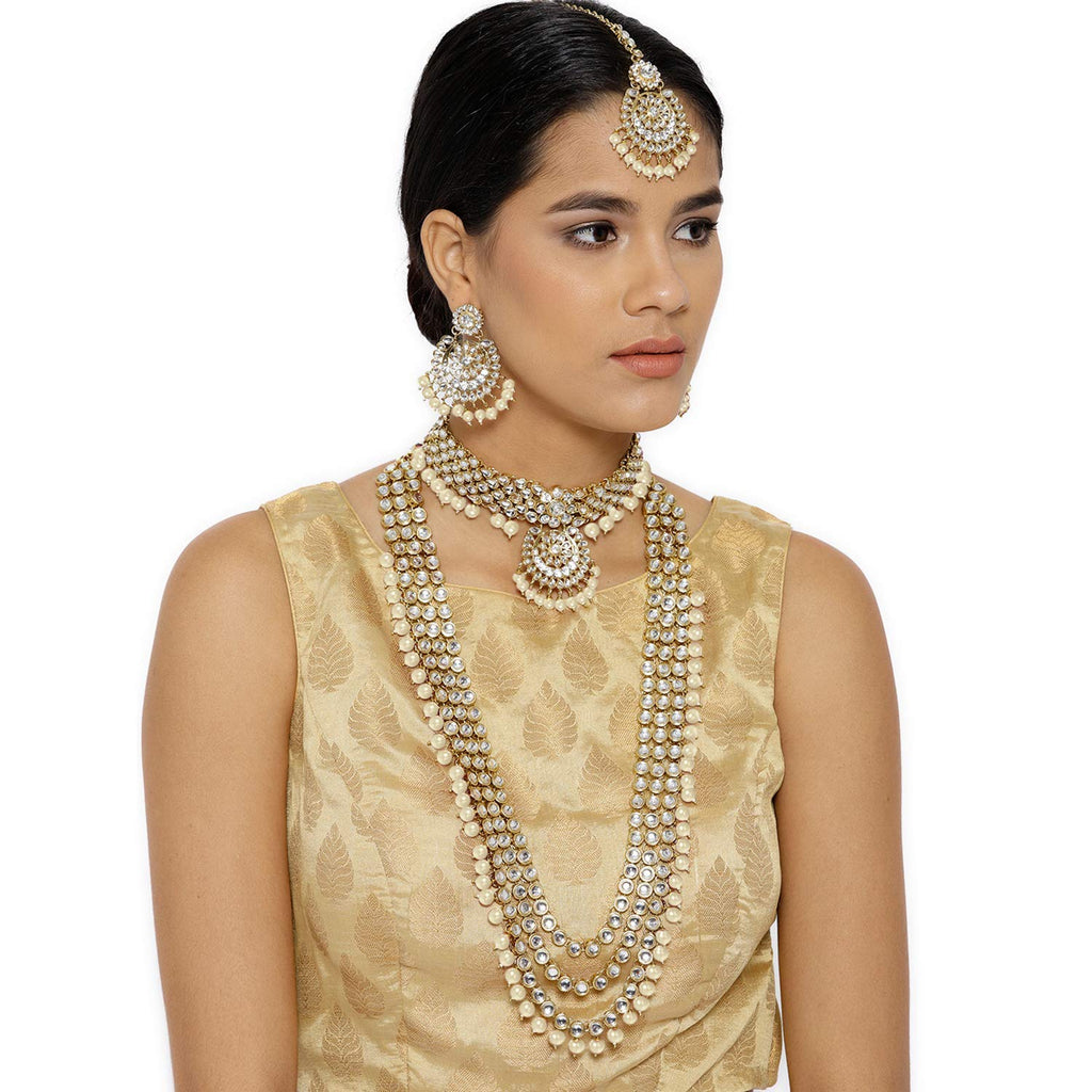 Royal Ethnic Traditional 18K Gold Plated Kundan & Pearl Studded Bridal Choker Necklace Set with Earrings & Maang Tikka - Royal Ethnic