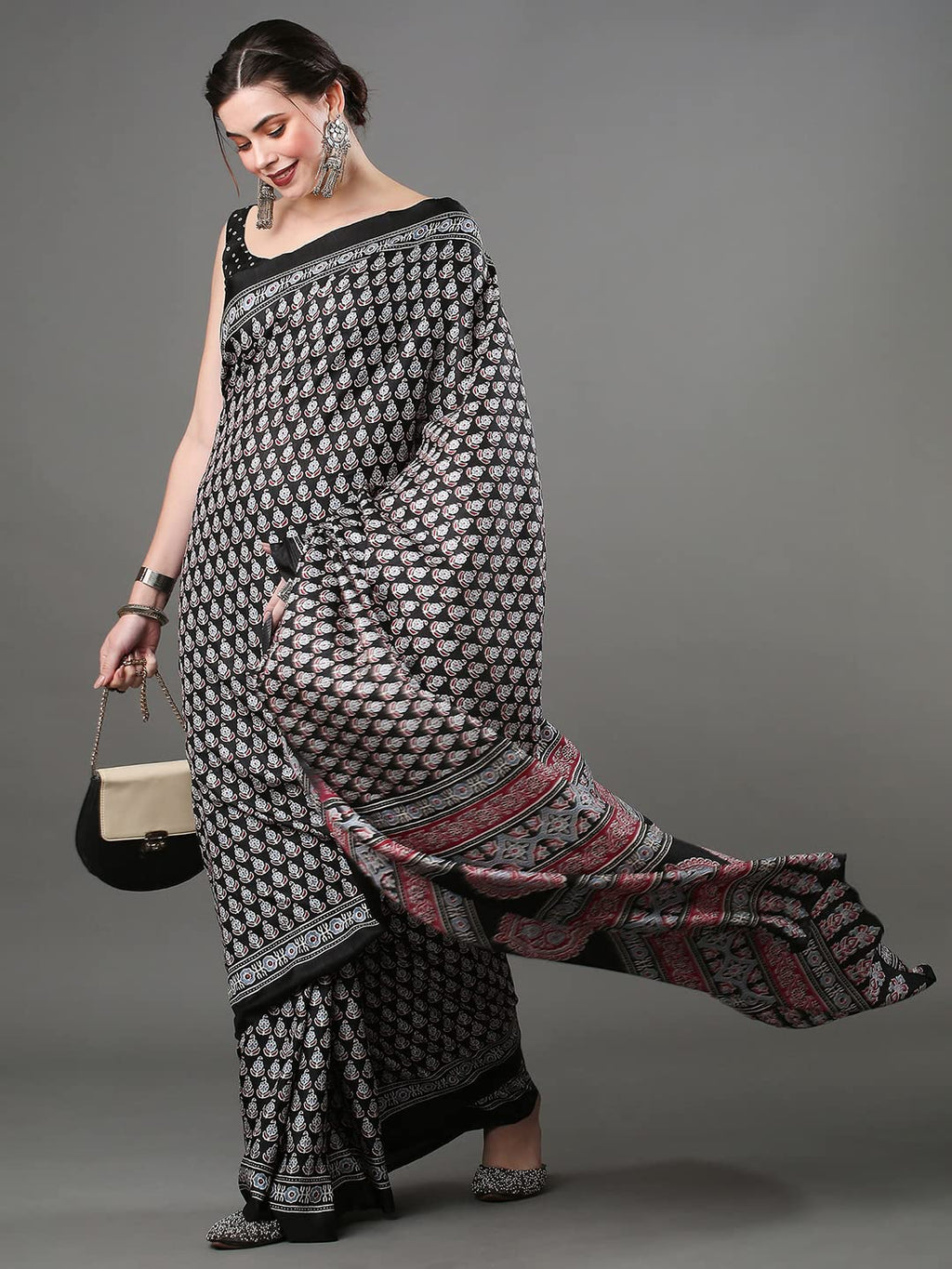 Royal Ethnic | Women's Ajrak Block Print Saree | Dola Silk Fabric | 5.5m Saree + 0.8m Blouse | Traditional | Festive Wear - Royal Ethnic