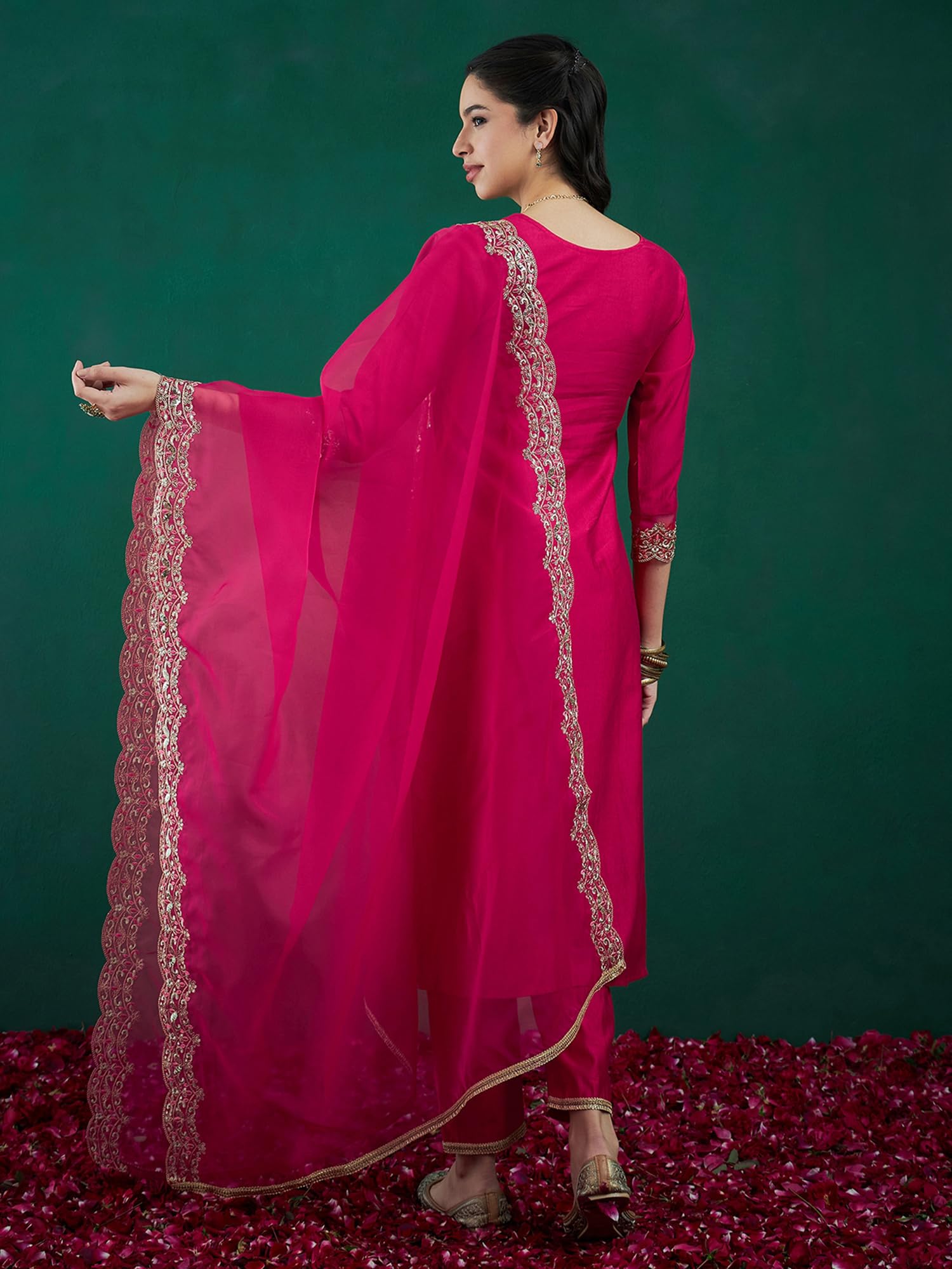 Royal Ethnic | Women's Viscose Embroidered Kurta Pant Dupatta Set | Straight Fit | 3/4 Sleeves | Festive & Elegant Wear - Royal Ethnic