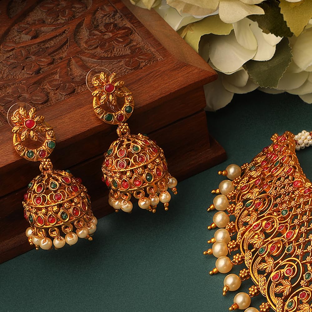 Royal Ethnic | Women's Pearl Choker Temple Necklace Set | 22k Gold Plated | Traditional Festive Wear | Wedding Style - Royal Ethnic