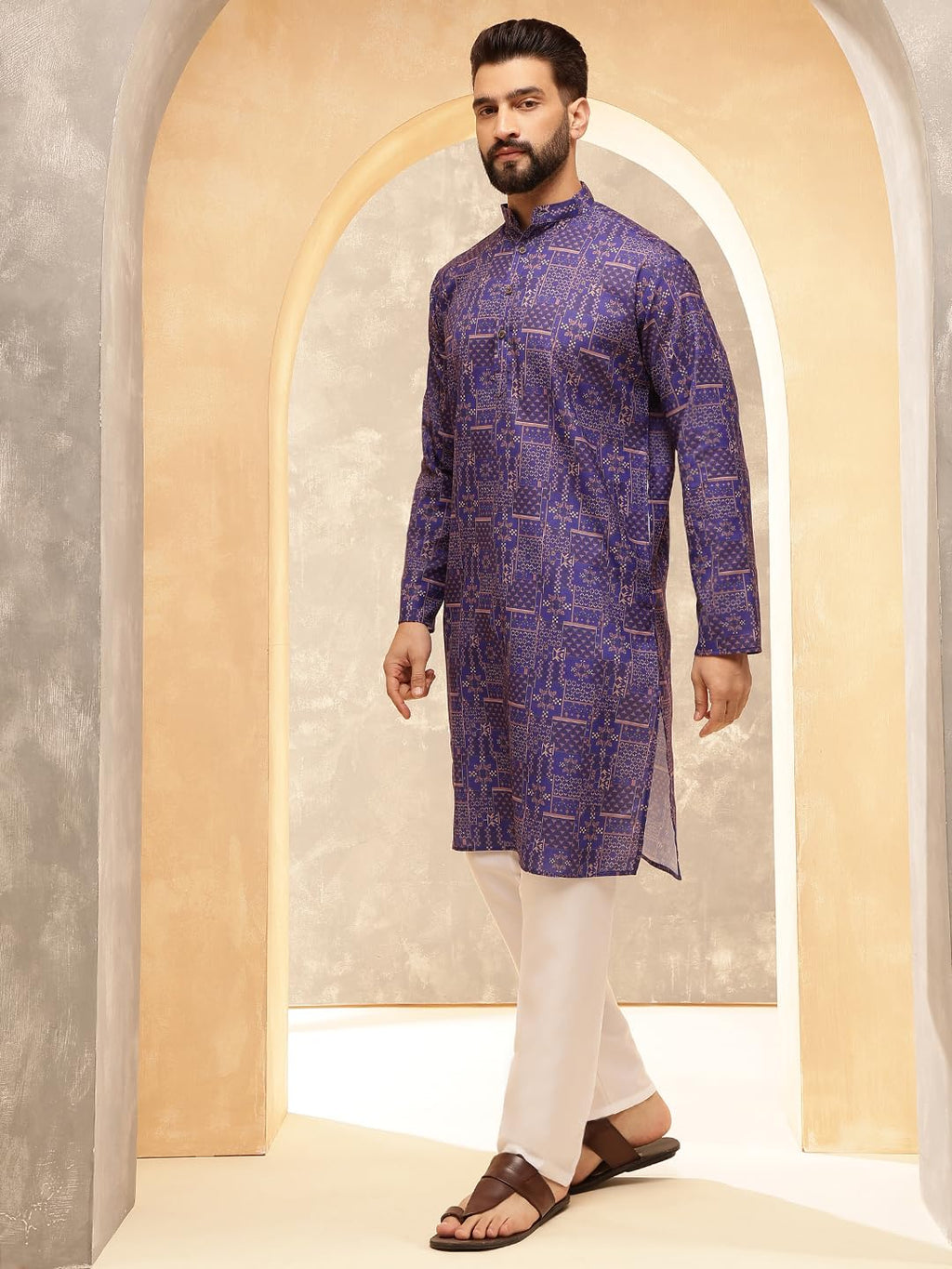 Royal Ethnic | Men's Silk Blend South Indian Shirt | Half Sleeves | Traditional Fit | Festive, Wedding & Casual Wear - Royal Ethnic