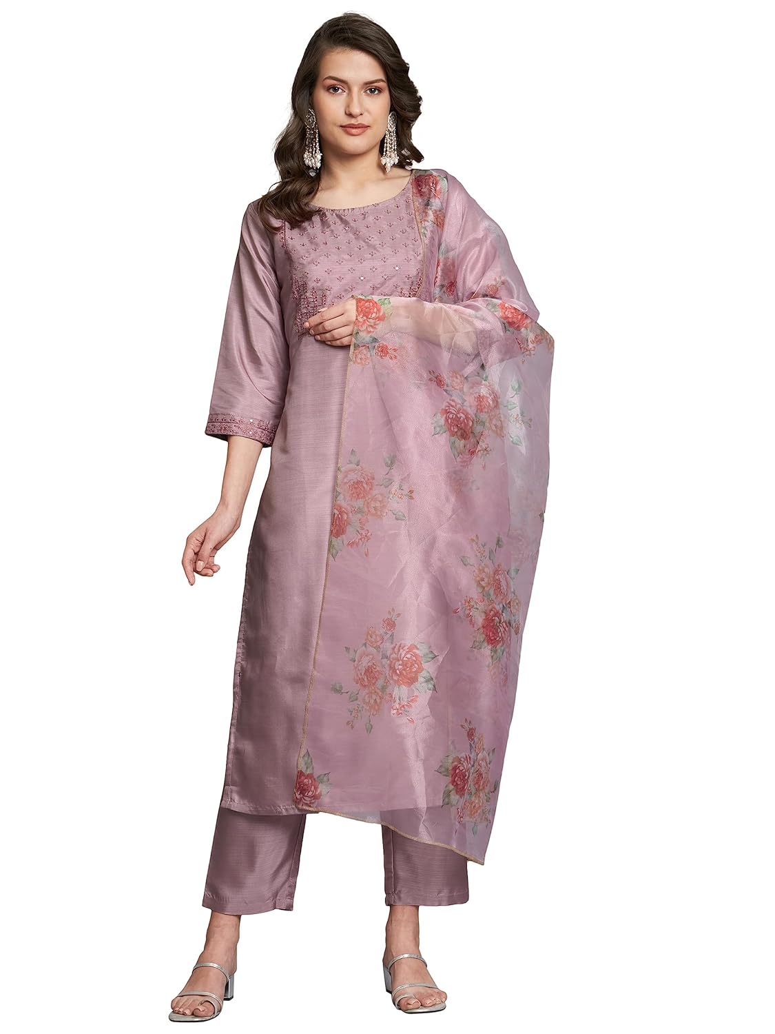 Royal Ethnic Women's Silk Blend Embroidered Straight Kurta Pant Set with Organza Dupatta | Exclusive Elegant Party Wear Suit