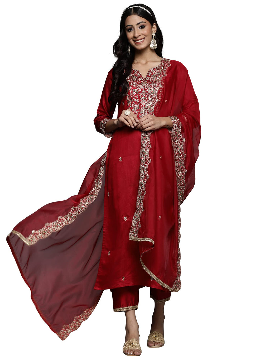 Royal Ethnic | Women's Viscose Embroidered Kurta Pant Dupatta Set | Straight Fit | 3/4 Sleeves | Festive & Elegant Wear