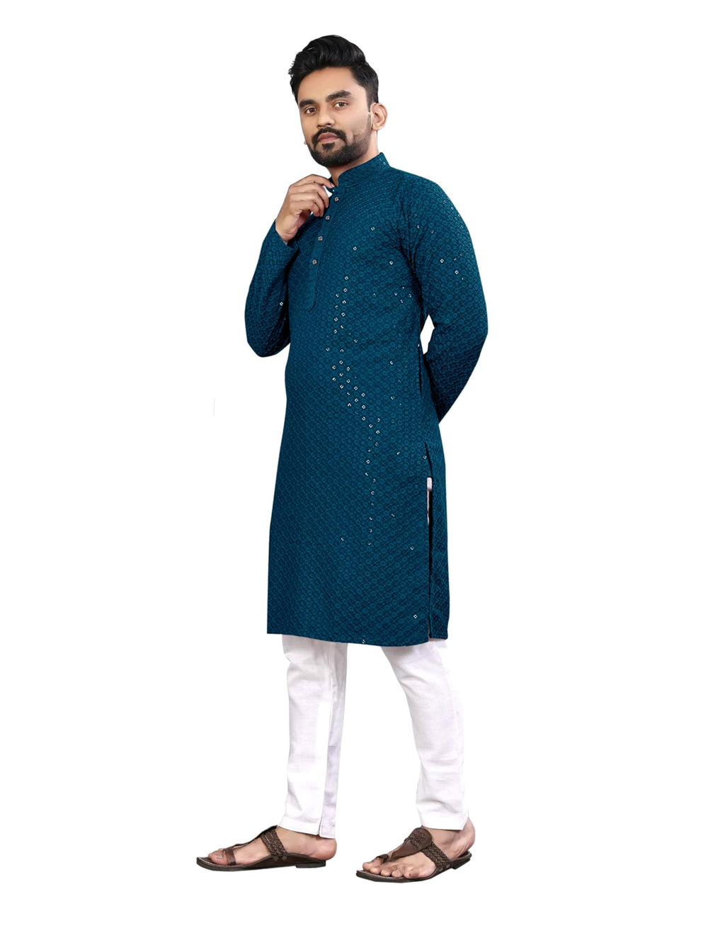Royal Ethnic | Men's Straight Lucknowi Kurta | Indian Ethnic Wear | Embroidered Cotton | Full Sleeves | Regular Fit - Royal Ethnic