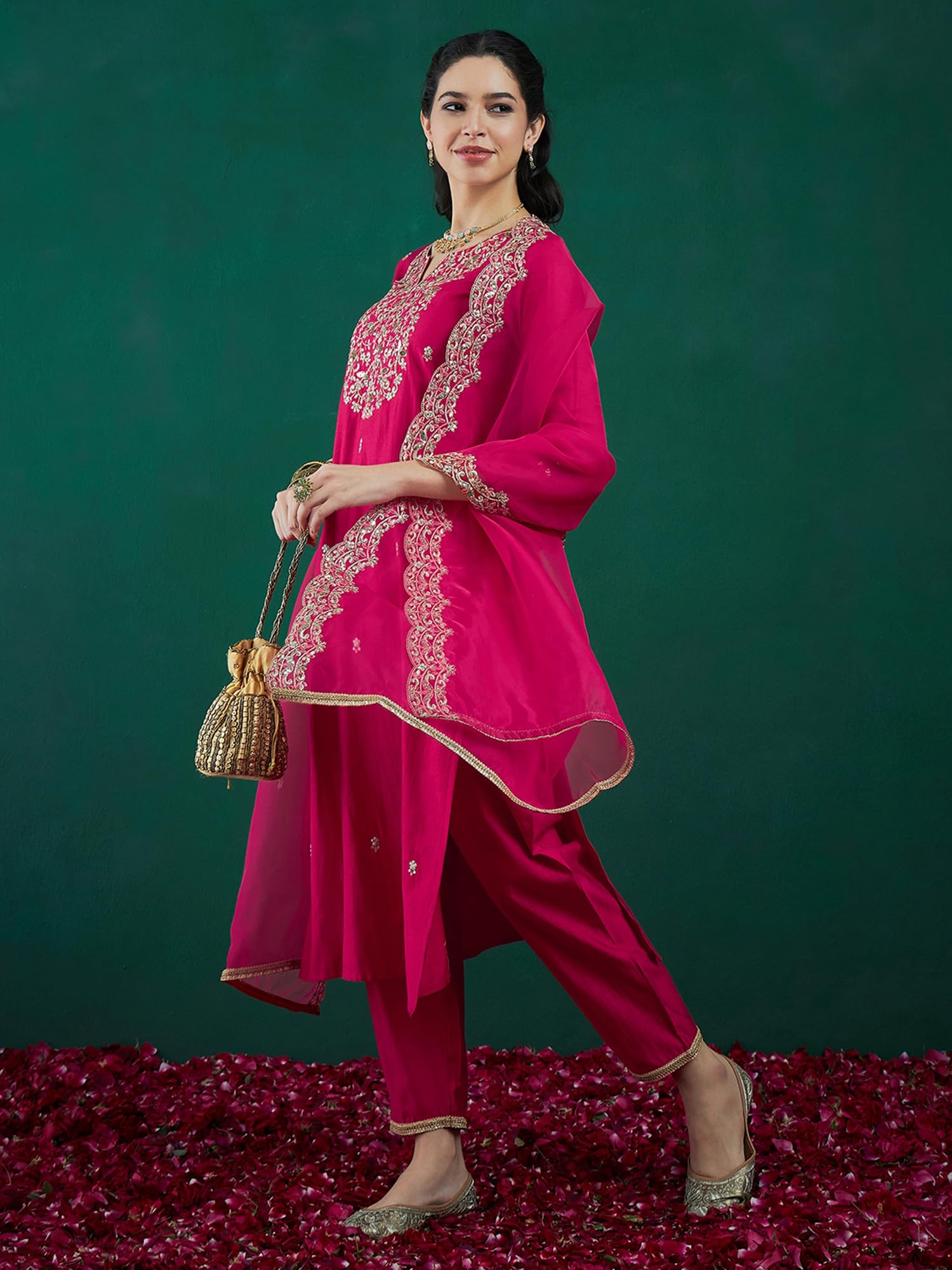 Royal Ethnic | Women's Viscose Embroidered Kurta Pant Dupatta Set | Straight Fit | 3/4 Sleeves | Festive & Elegant Wear - Royal Ethnic