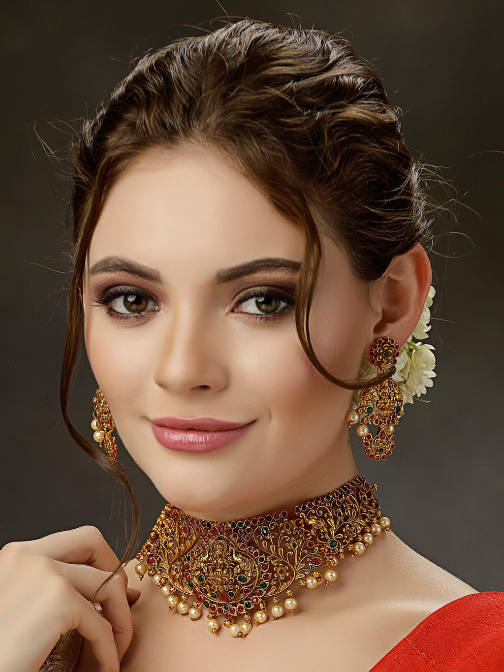 Royal Ethnic | Women's Pearl Choker Temple Necklace Set | 22k Gold Plated | Traditional Festive Wear | Wedding Style - Royal Ethnic