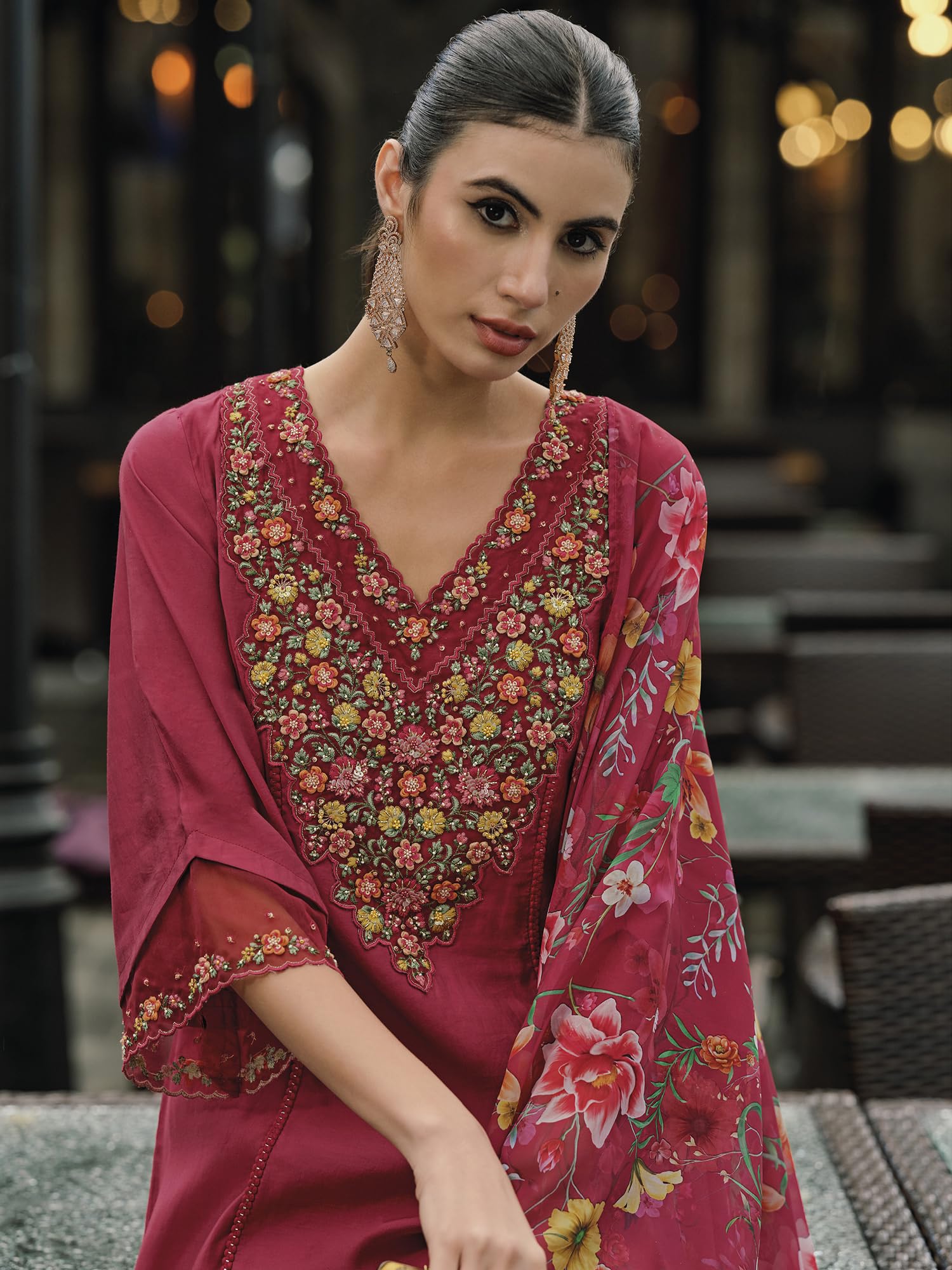 Royal Ethnic Womens Silk Blend Embroidered A Line Kurta Pant with Dupatta Set Stylish Festive Designer Party Wear Outfit - Royal Ethnic