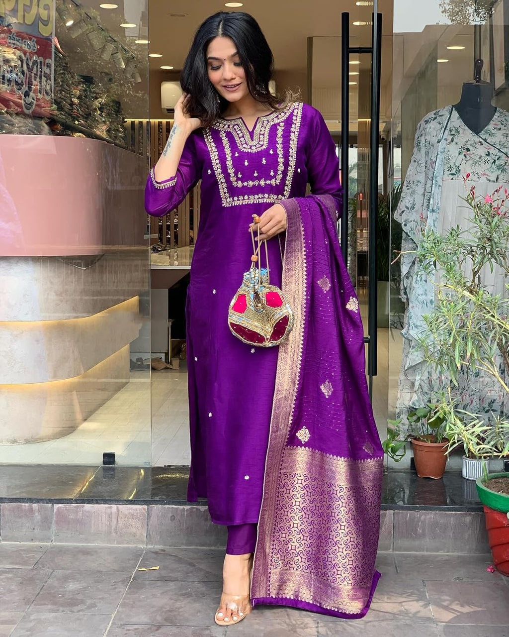 GoSriKi Women's Silk Blend Straight Embroidered Kurta with Pant & Dupatta