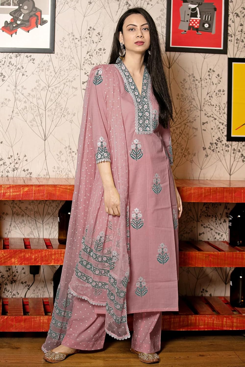 GoSriKi Women's Cotton Blend Straight Hand Block Printed Kurta with Pant & Dupatta