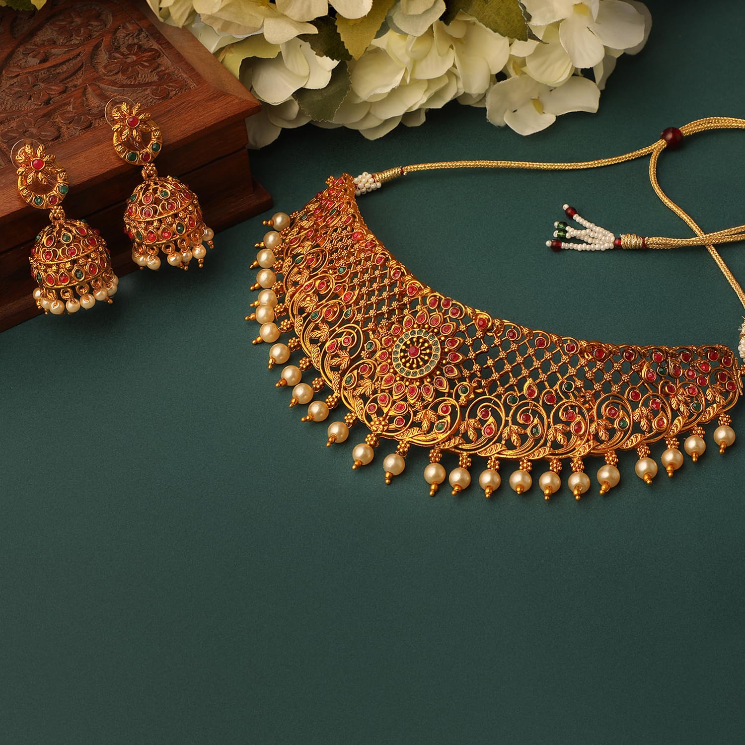 Royal Ethnic | Women's Pearl Choker Temple Necklace Set | 22k Gold Plated | Traditional Festive Wear | Wedding Style - Royal Ethnic