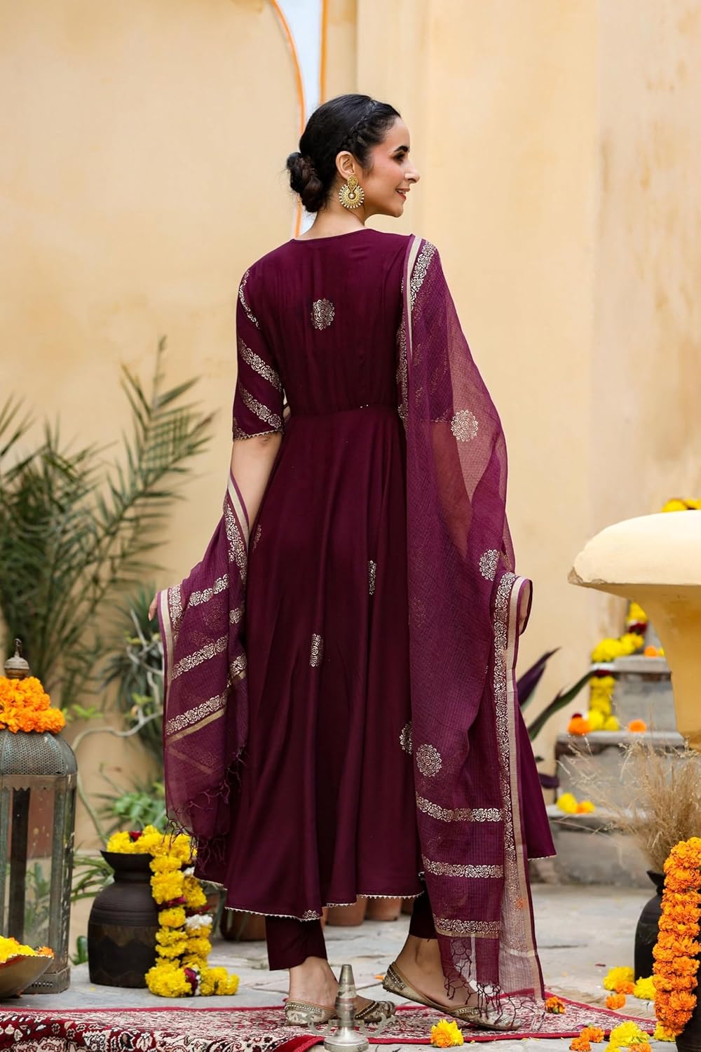 GoSriKi Women’s Elegant Wine Anarkali Kurta Set with Dupatta | Printed Traditional Soft Rayon Fabric