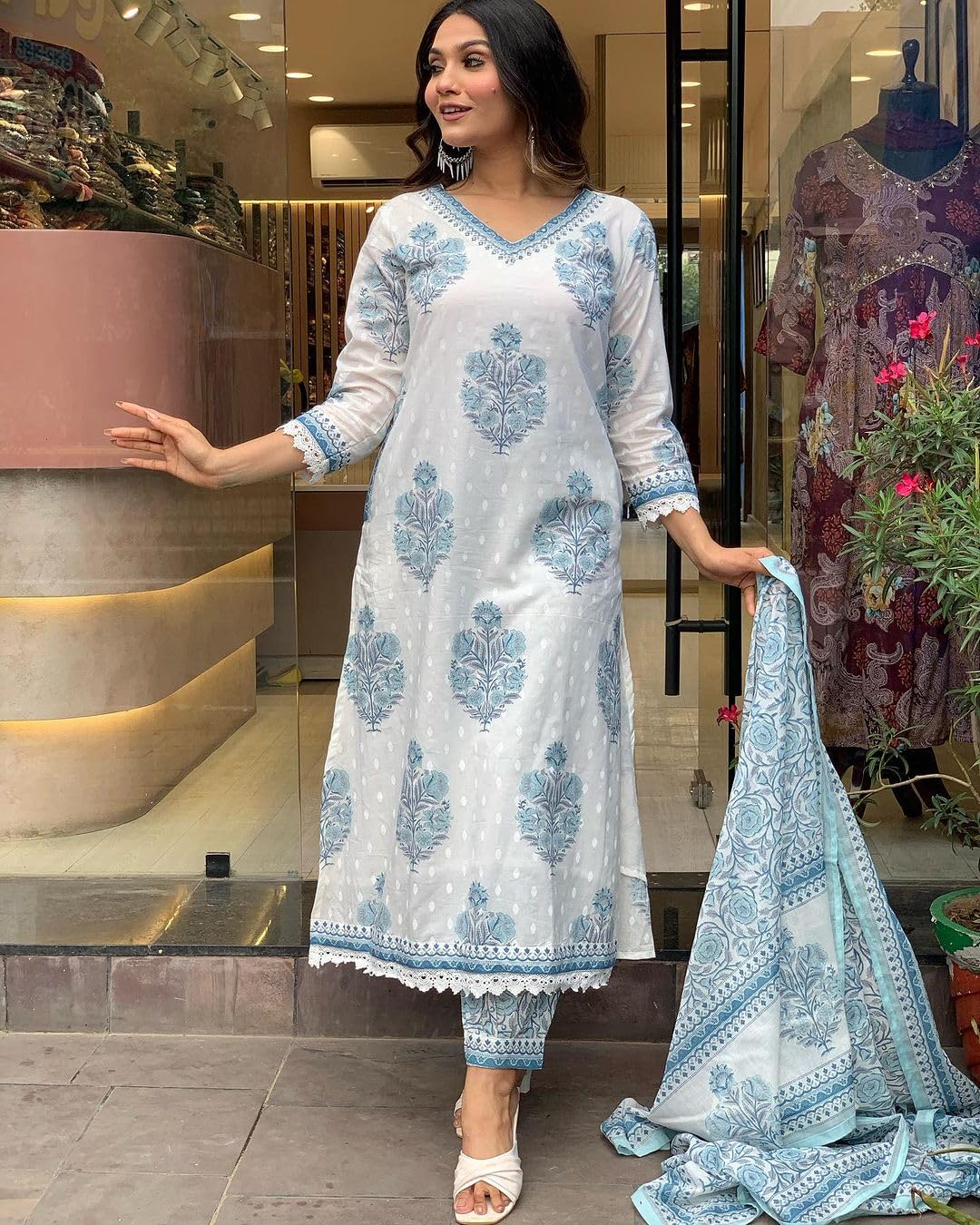 Royal Ethnic Women Cotton Block Printed Kurta Pant With Dupatta Elegant Stylish Ethnic Party Wear Designer Festive Outfit
