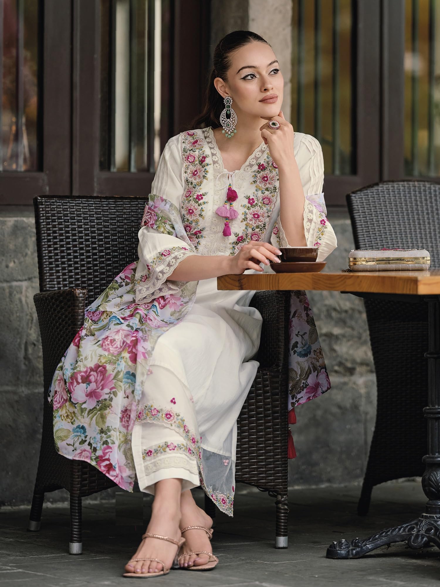 Royal Ethnic Womens Silk Blend Embroidered A Line Kurta Pant with Dupatta Set Stylish Festive Designer Party Wear Outfit