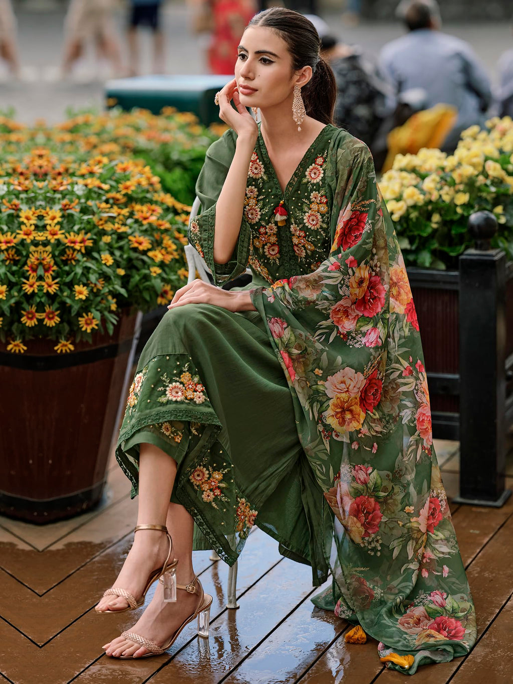 Royal Ethnic Womens Silk Blend Embroidered A Line Kurta Pant with Dupatta Set Stylish Festive Designer Party Wear Outfit