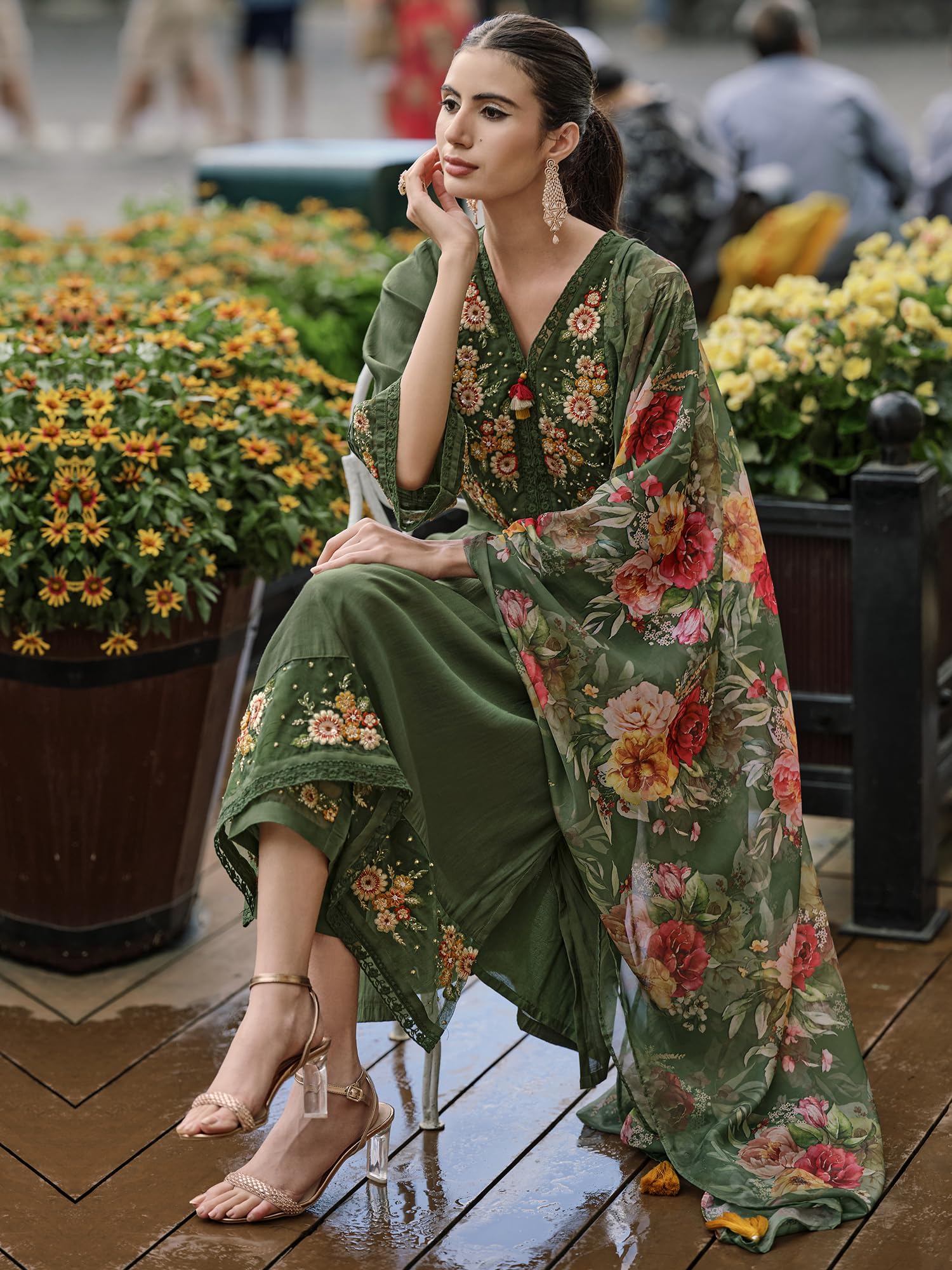 Royal Ethnic Womens Silk Blend Embroidered A Line Kurta Pant with Dupatta Set Stylish Festive Designer Party Wear Outfit - Royal Ethnic