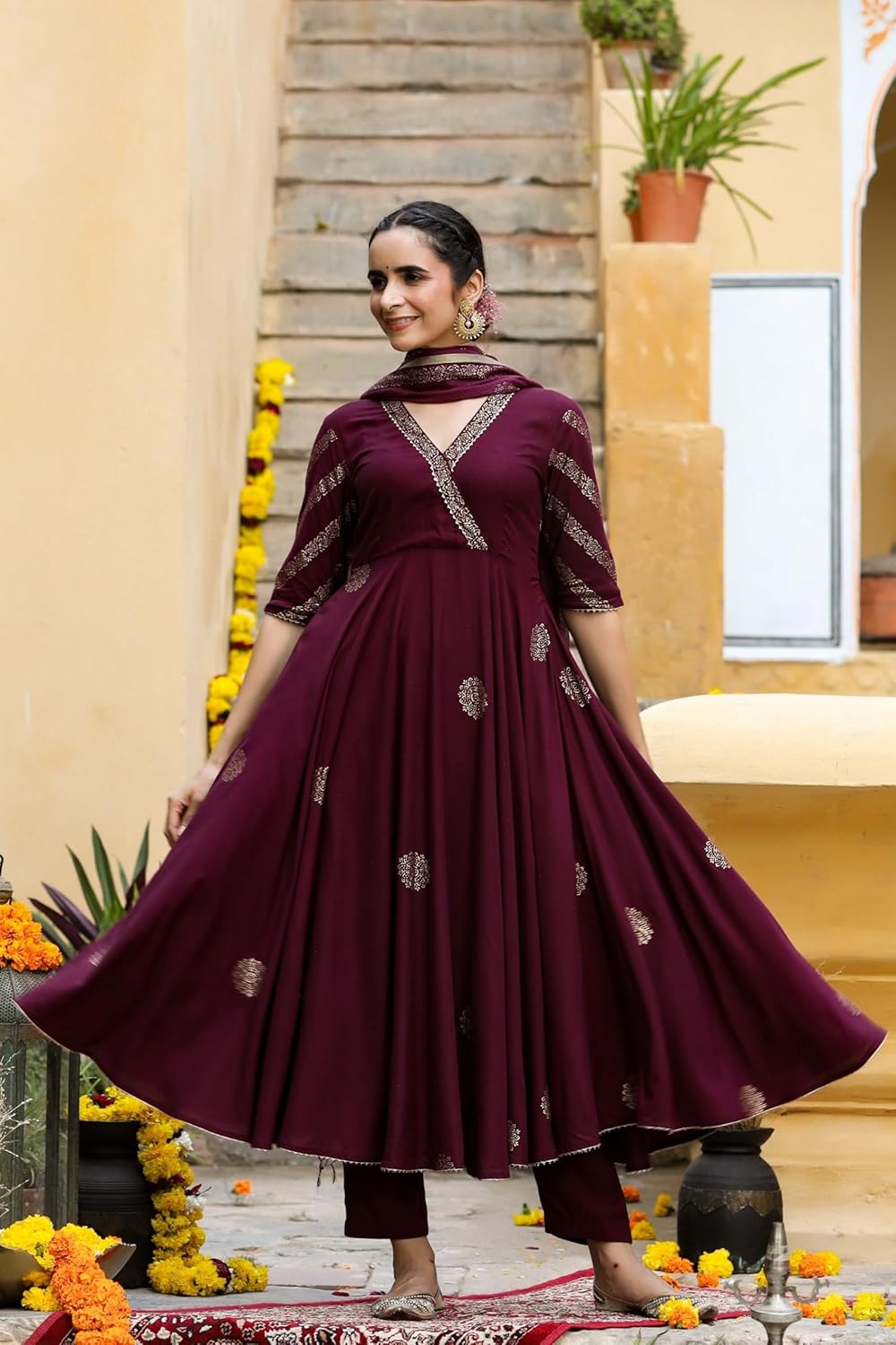GoSriKi Women’s Elegant Wine Anarkali Kurta Set with Dupatta | Printed Traditional Soft Rayon Fabric