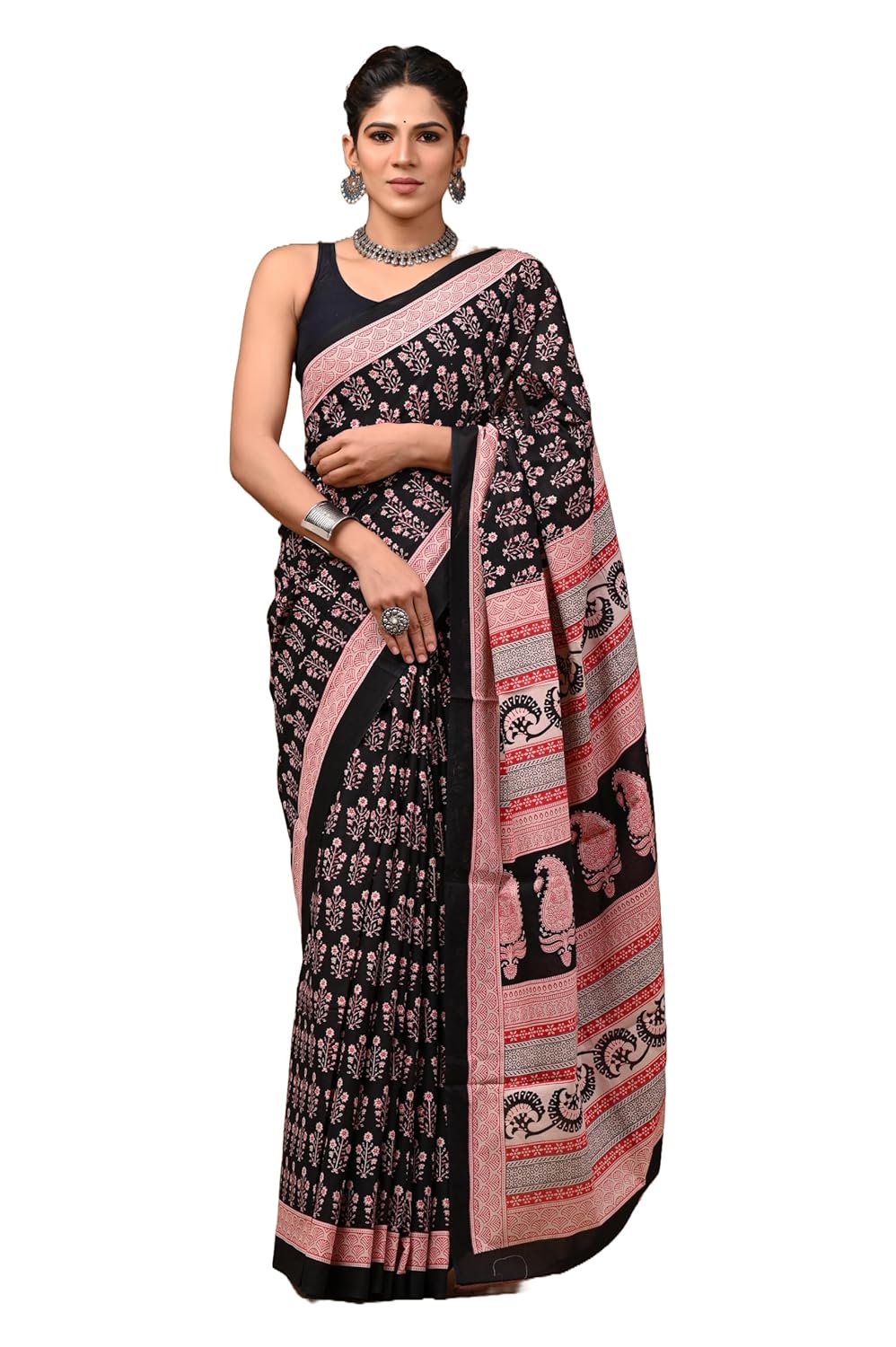 Royal Ethnic | Women's Pure Cotton Mulmul Saree | Bagru Flower Print | Printed Blouse Piece | Handloom | Elegant Drape - Royal Ethnic