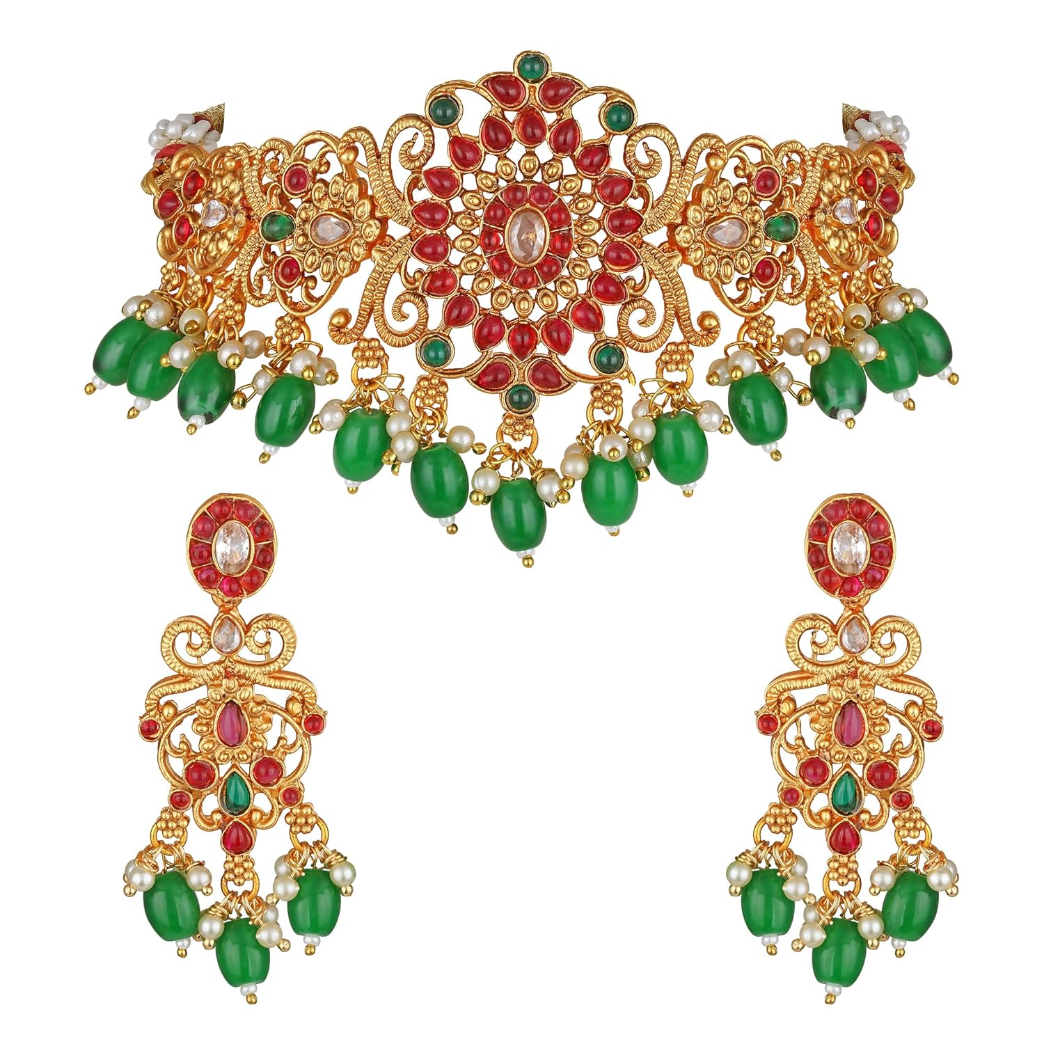 Royal Ethnic | Women's Pearl Choker Temple Necklace Set | 22k Gold Plated | Traditional Festive Wear | Wedding Style - Royal Ethnic