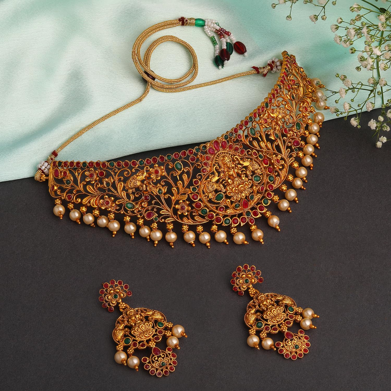 Royal Ethnic | Women's Pearl Choker Temple Necklace Set | 22k Gold Plated | Traditional Festive Wear | Wedding Style - Royal Ethnic