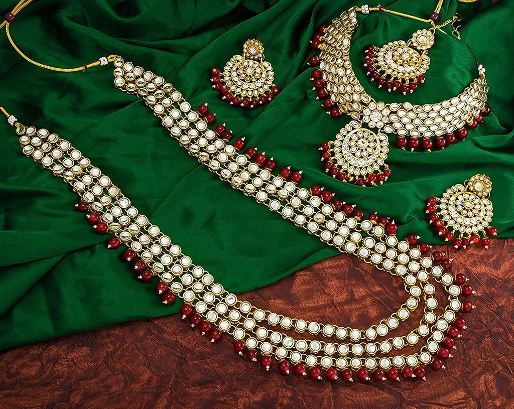 Royal Ethnic Traditional 18K Gold Plated Kundan & Pearl Studded Bridal Choker Necklace Set with Earrings & Maang Tikka - Royal Ethnic
