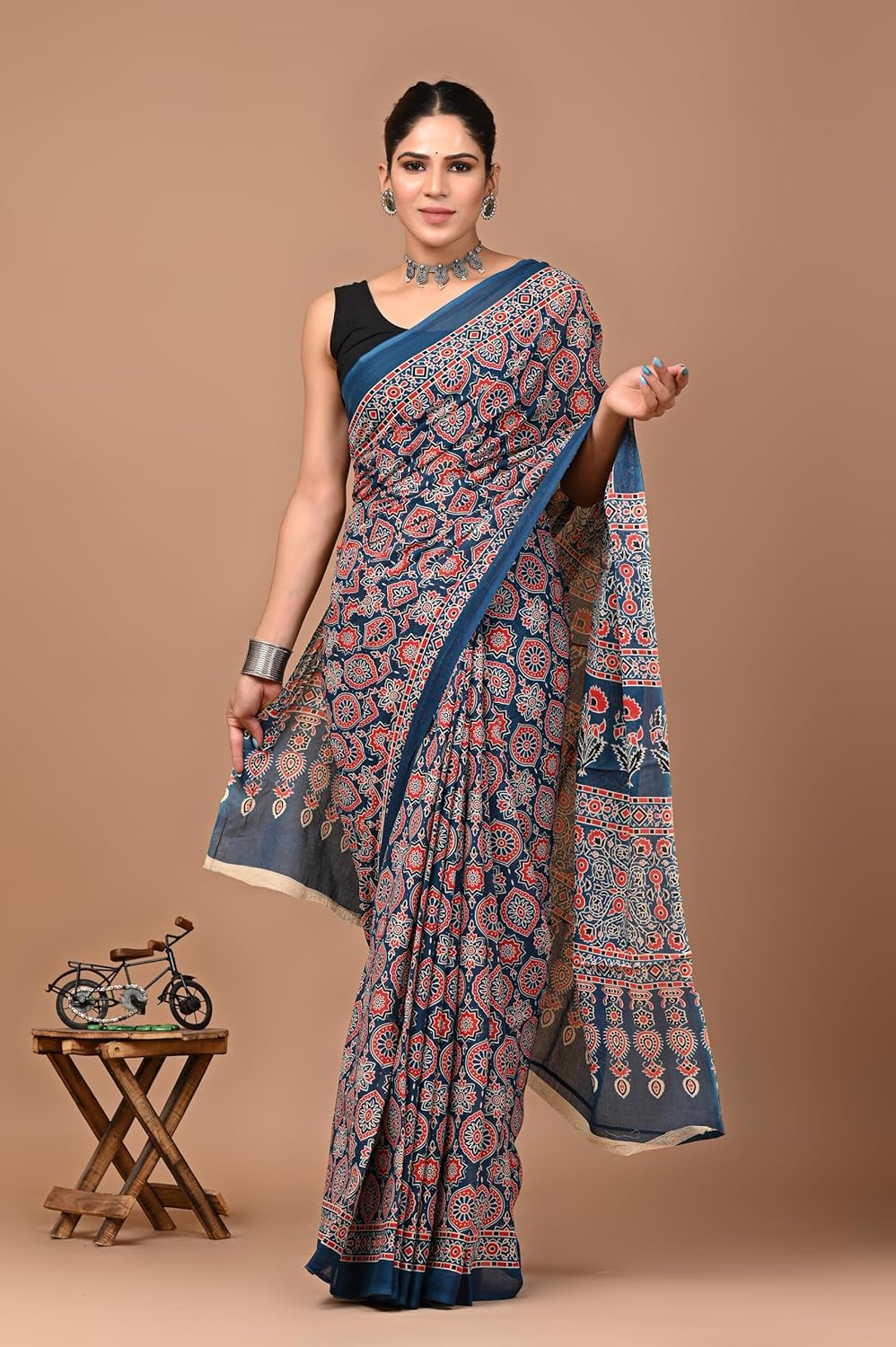 Royal Ethnic Hand Block Ajrakh Print Cotton Saree for Women with Blouse | Soft Comfortable Wear Sari - Royal Ethnic