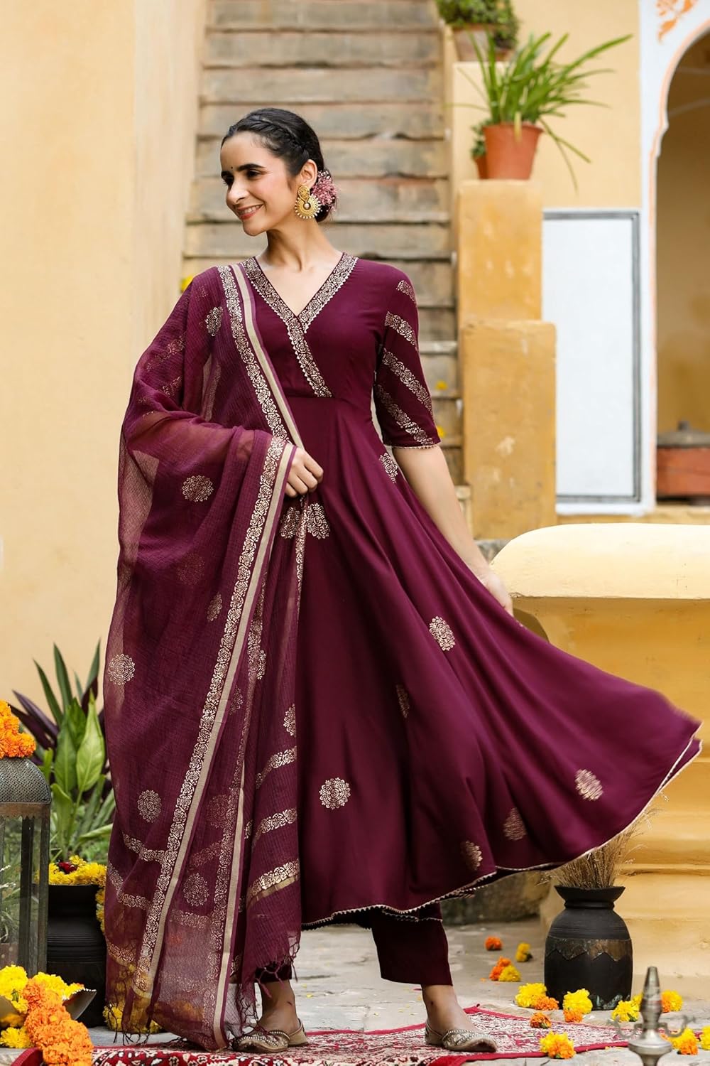 GoSriKi Women’s Elegant Wine Anarkali Kurta Set with Dupatta | Printed Traditional Soft Rayon Fabric