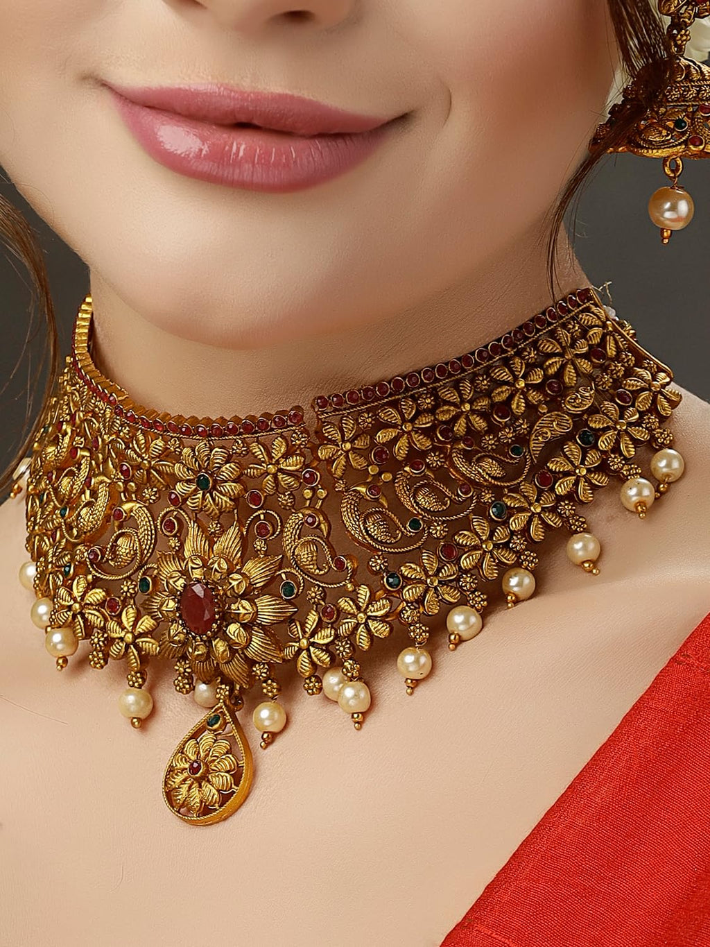 Royal Ethnic | Women's Pearl Choker Temple Necklace Set | 22k Gold Plated | Traditional Festive Wear | Wedding Style - Royal Ethnic