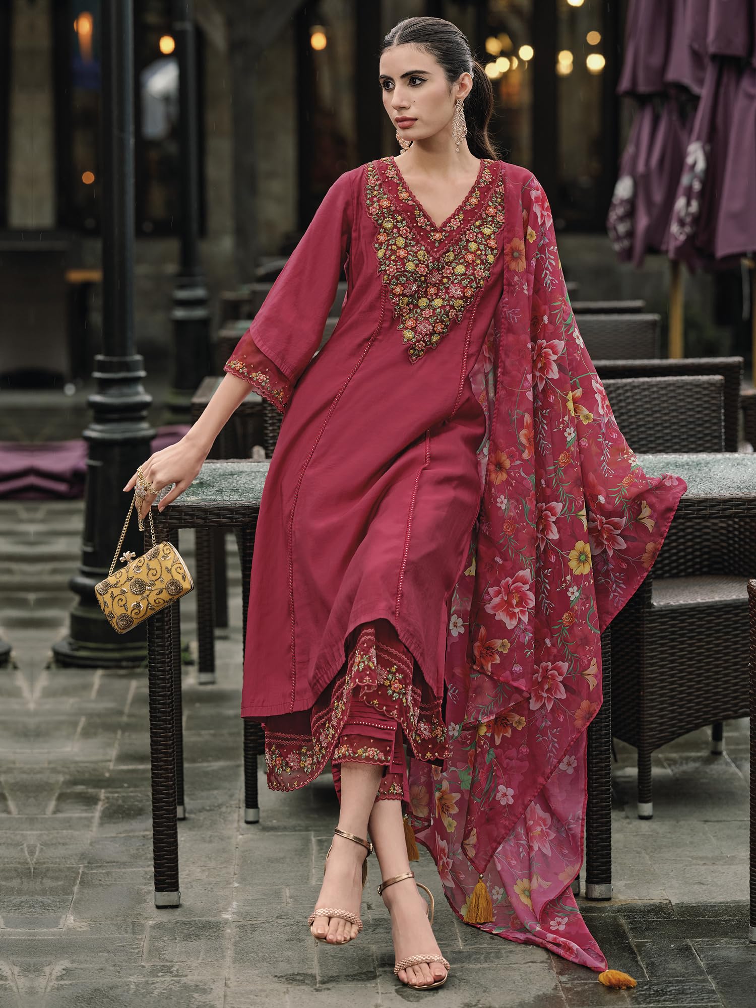 Royal Ethnic Womens Silk Blend Embroidered A Line Kurta Pant with Dupatta Set Stylish Festive Designer Party Wear Outfit - Royal Ethnic