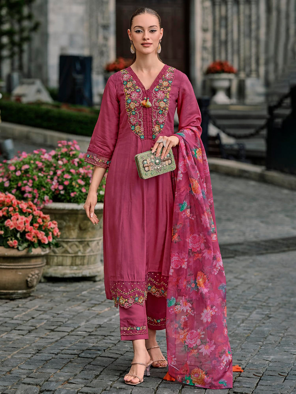 Royal Ethnic Womens Silk Blend Embroidered A Line Kurta Pant with Dupatta Set Stylish Festive Designer Party Wear Outfit - Royal Ethnic