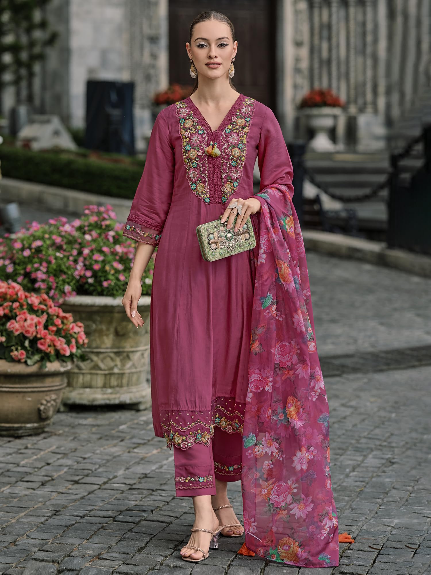 Royal Ethnic Womens Silk Blend Embroidered A Line Kurta Pant with Dupatta Set Stylish Festive Designer Party Wear Outfit - Royal Ethnic