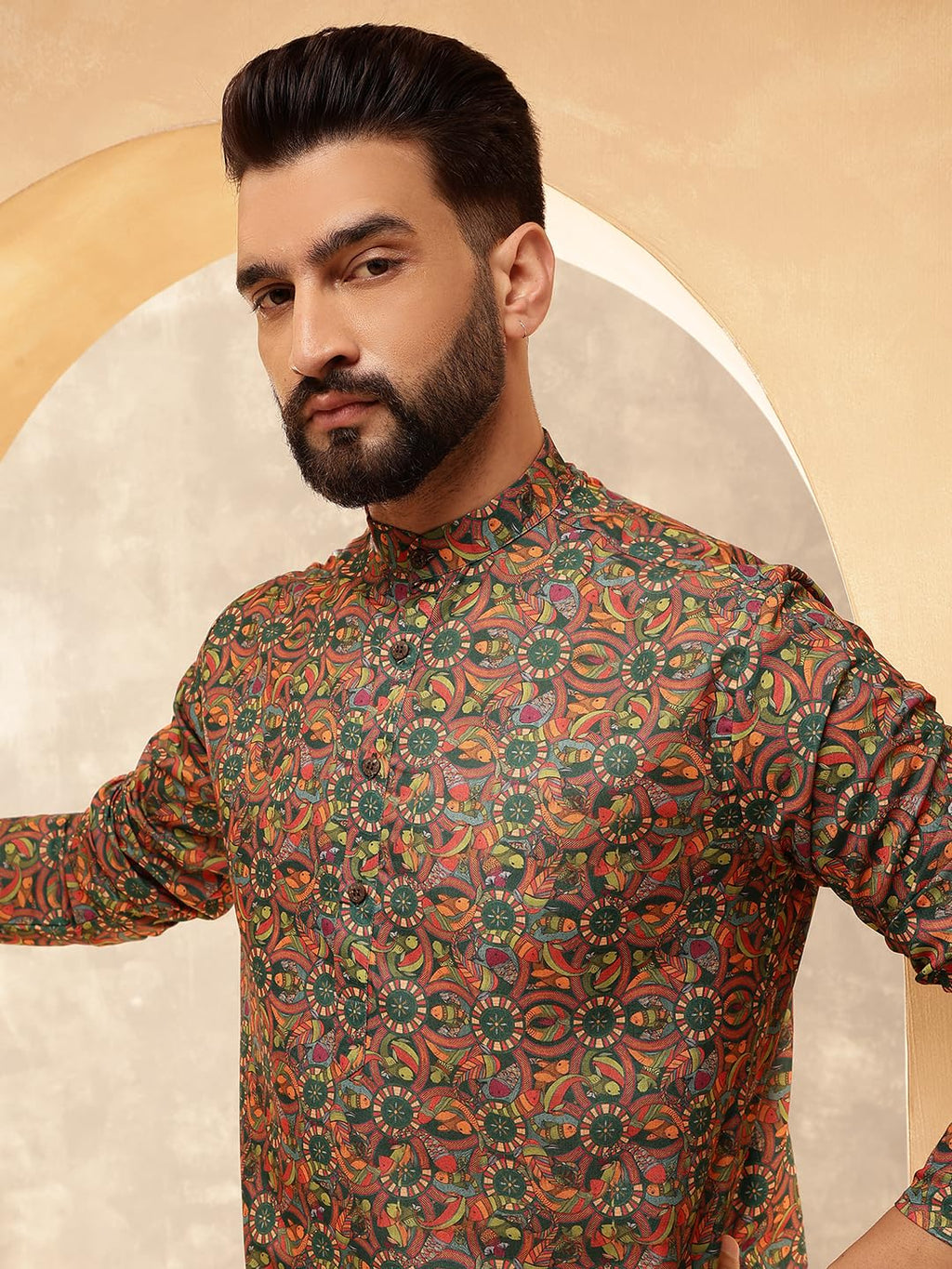 Royal Ethnic | Men's Silk Blend South Indian Shirt | Half Sleeves | Traditional Fit | Festive, Wedding & Casual Wear - Royal Ethnic