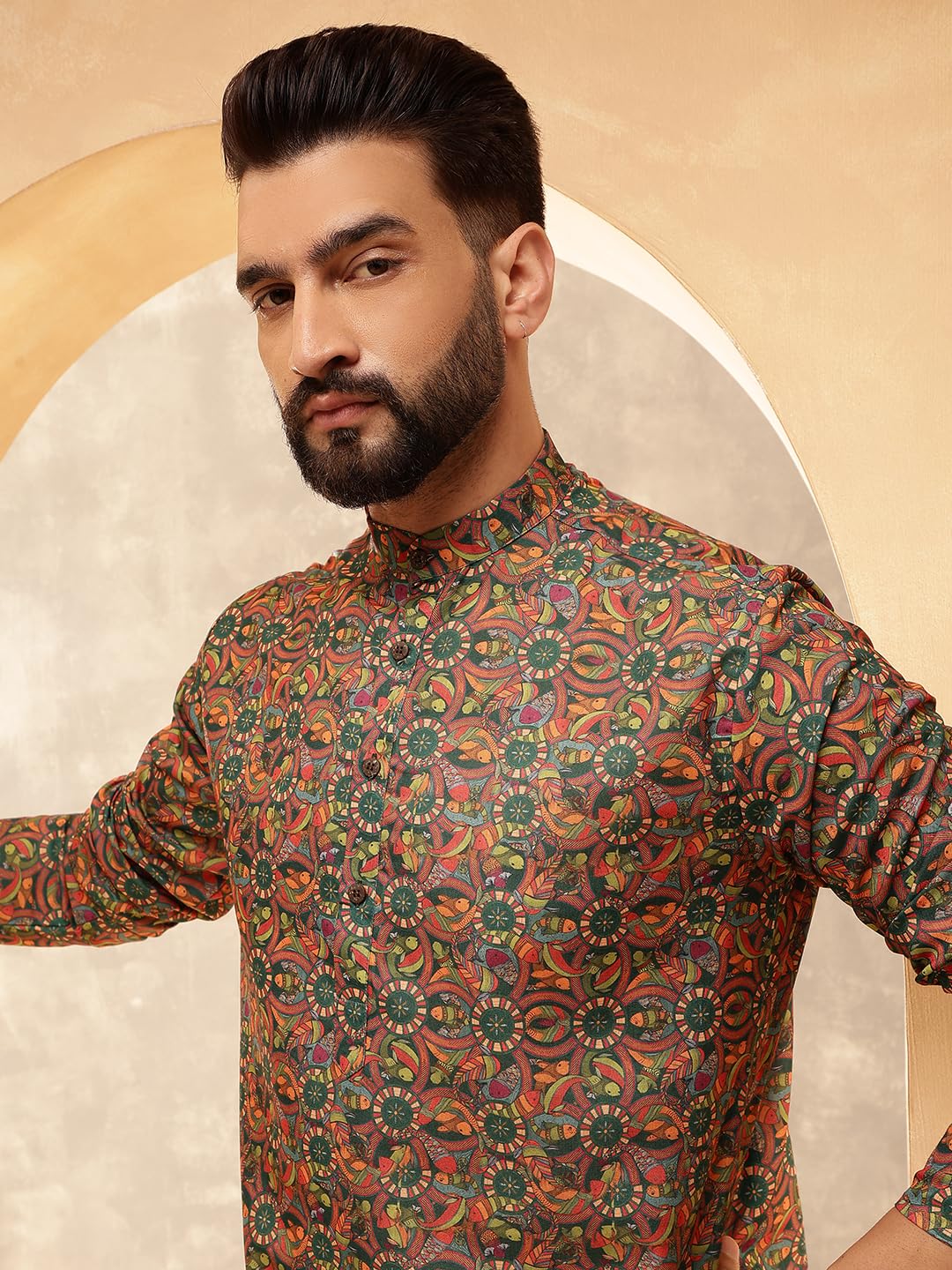 Royal Ethnic | Men's Silk Blend South Indian Shirt | Half Sleeves | Traditional Fit | Festive, Wedding & Casual Wear - Royal Ethnic