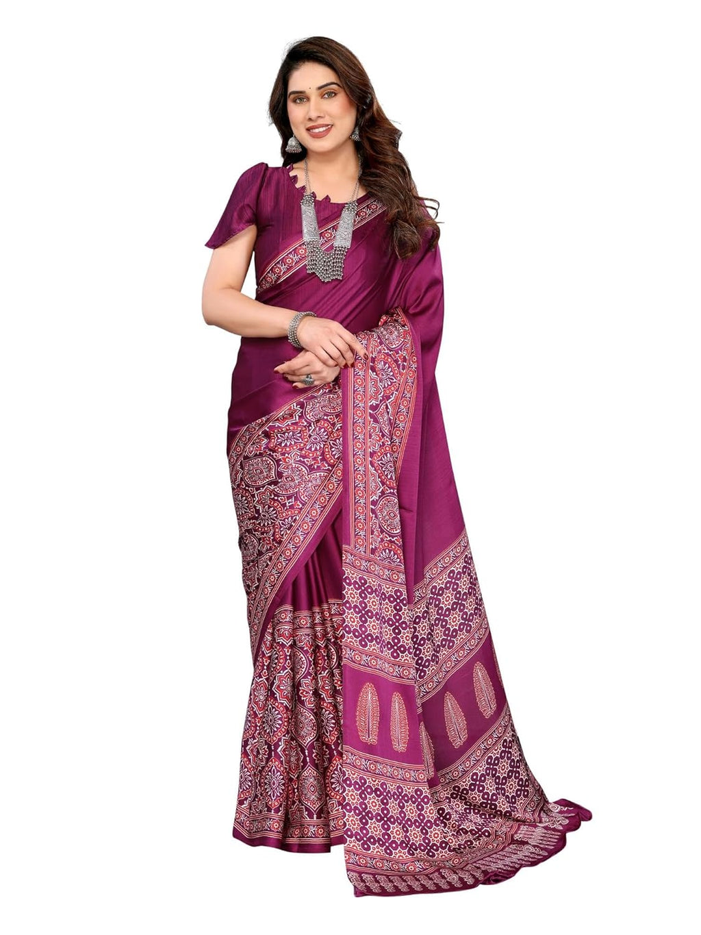 Royal Ethnic | Women's Semi Gajji Ajrakh Bandhej Saree | 5.5m Saree + 0.8m Blouse | Traditional Print | Elegant Drape - Royal Ethnic